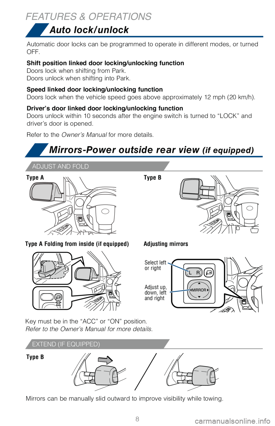 TOYOTA TUNDRA 2018  Owners Manual (in English) 8
FEATURES & OPERATIONSMirrors-Power outside rear view 
(if equipped)
Mirrors can be manually slid outward to improve visibility while towing.\
Adjust up, 
down, left 
and right Select left 
or right