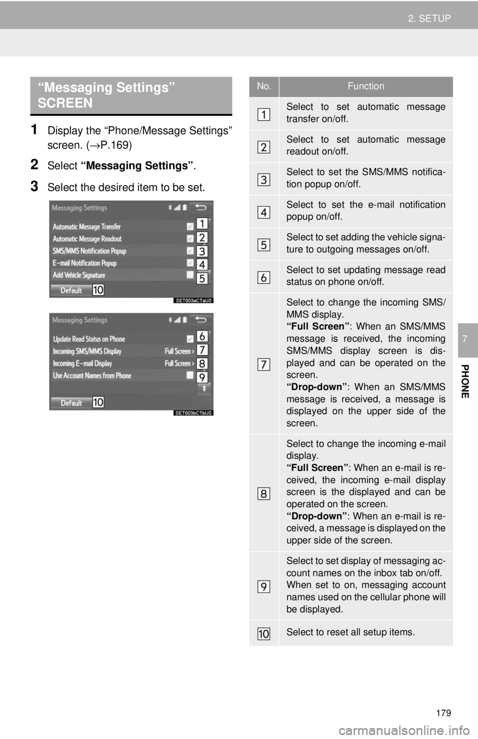 TOYOTA TUNDRA 2018 Accessories, Audio & Navigation (in English) “Messaging Settings”
SCREEN
179
2. SETUP
PHONE
7
1Display the “Phone/Message Settings”
screen. ( →P.169)
2Select “Messaging Settings” .
3Select the desired item to be set.
No.Function TOYOTA TUNDRA 2018 Accessories, Audio & Navigation (in English) “Messaging Settings”
SCREEN
179
2. SETUP
PHONE
7
1Display the “Phone/Message Settings”
screen. ( →P.169)
2Select “Messaging Settings” .
3Select the desired item to be set.
No.Function