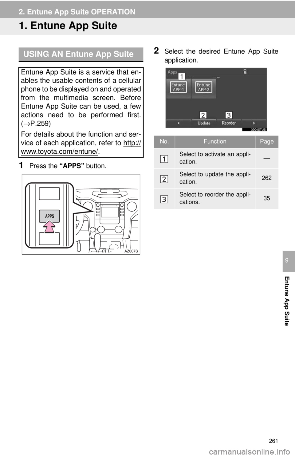 TOYOTA TUNDRA 2018 Accessories, Audio & Navigation (in English) 261
Entune App Suite
9
2. Entune App Suite OPERATION
1. Entune App Suite
USING AN Entune App Suite
1Press the “APPS” button.
2Select the desired Entune App Suite
application.
Entune App Suite is TOYOTA TUNDRA 2018 Accessories, Audio & Navigation (in English) 261
Entune App Suite
9
2. Entune App Suite OPERATION
1. Entune App Suite
USING AN Entune App Suite
1Press the “APPS” button.
2Select the desired Entune App Suite
application.
Entune App Suite is