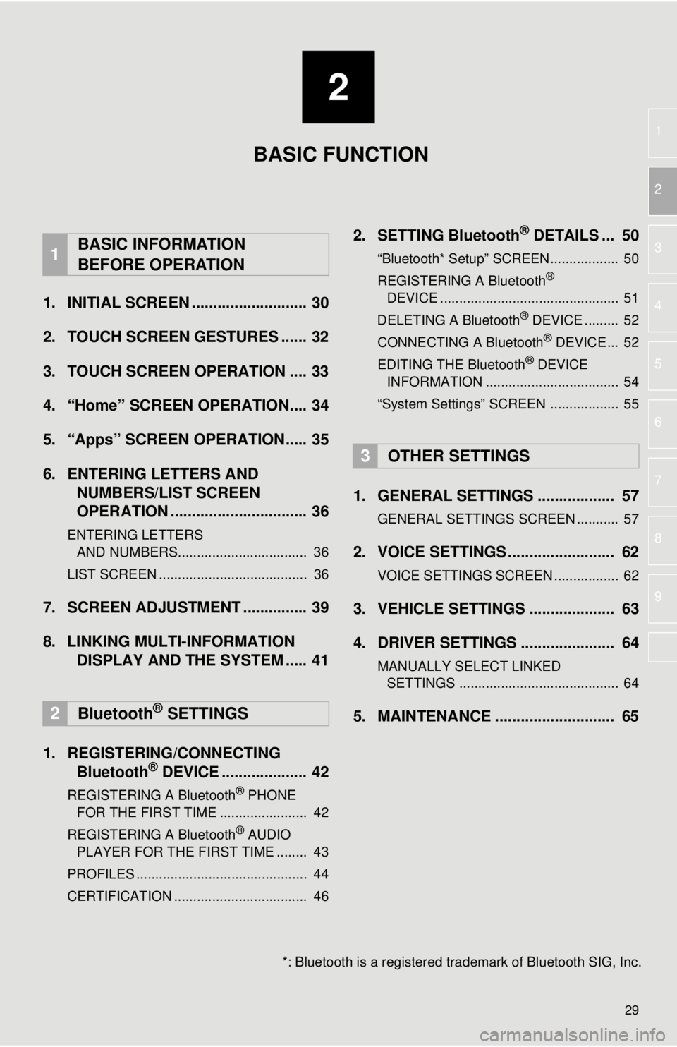 TOYOTA TUNDRA 2018 Accessories, Audio & Navigation (in English) 2
29
1
2
3
4
5
6
7
8
9
1. INITIAL SCREEN ........................... 30
2. TOUCH SCREEN GESTURES ...... 32
3. TOUCH SCREEN OPERATION .... 33
4. “Home” SCREEN OPERATION.... 34
5. “Apps” SCREEN TOYOTA TUNDRA 2018 Accessories, Audio & Navigation (in English) 2
29
1
2
3
4
5
6
7
8
9
1. INITIAL SCREEN ........................... 30
2. TOUCH SCREEN GESTURES ...... 32
3. TOUCH SCREEN OPERATION .... 33
4. “Home” SCREEN OPERATION.... 34
5. “Apps” SCREEN