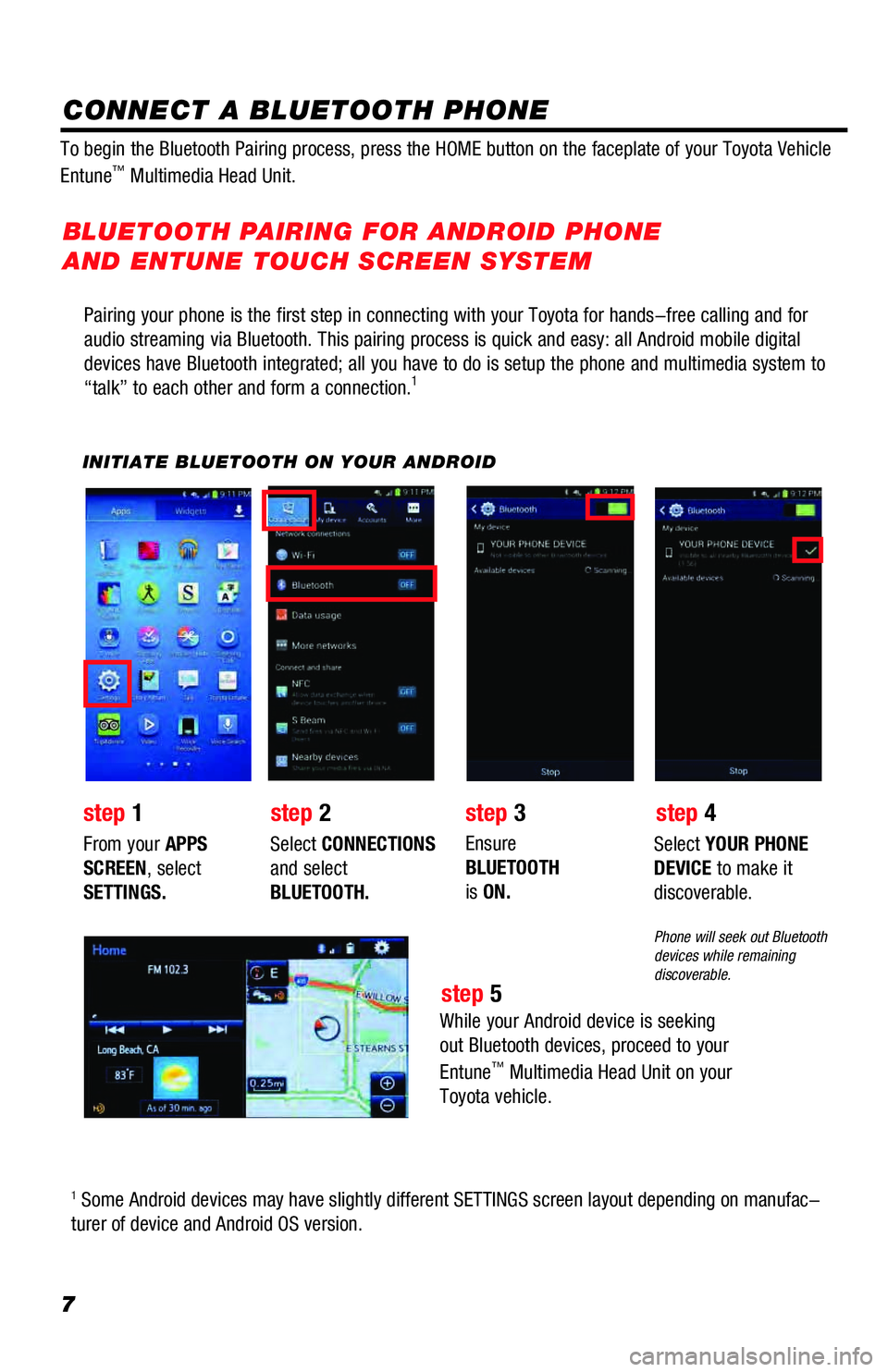 TOYOTA TUNDRA 2018  Accessories, Audio & Navigation (in English) 7
Pairing your phone is the first step in connecting with your Toyota for hands-free calling and for 
audio streaming via Bluetooth. This pairing process is quick and easy: all Android mobile digital 