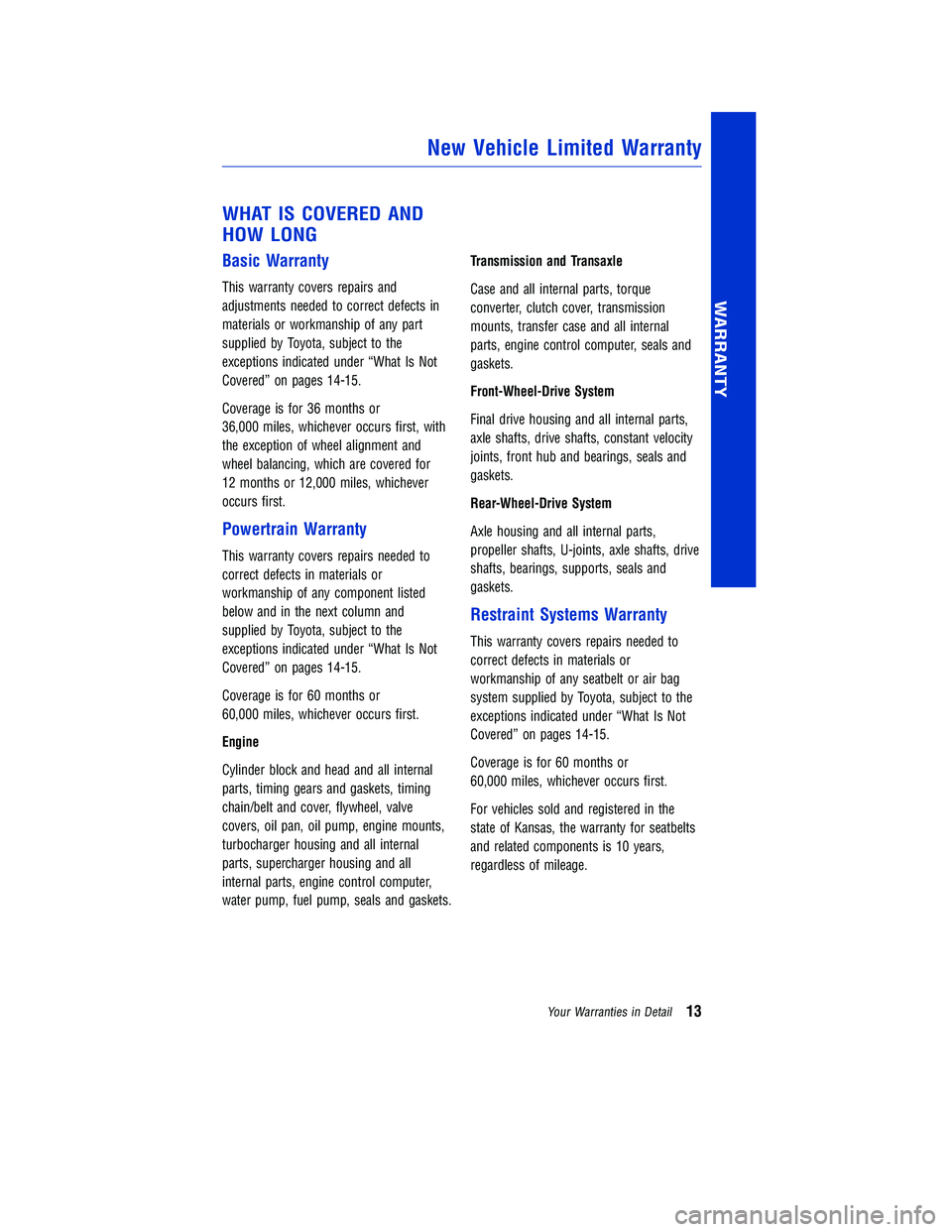 TOYOTA TUNDRA 2018 Warranties & Maintenance Guides (in English) JOBNAME: 2878010-en-2018_Tund PAGE: 13 SESS: 4 OUTPUT: Tue Jun 27 13:55:34 2017
/InfoShareAuthorCODA/InfoShareAuthorCODA/TS_Warr_Maint/2878010-en-2018_T\
undra.00505-18WMG-TUN/TS_Warr_Maint_v1
WHAT IS TOYOTA TUNDRA 2018 Warranties & Maintenance Guides (in English) JOBNAME: 2878010-en-2018_Tund PAGE: 13 SESS: 4 OUTPUT: Tue Jun 27 13:55:34 2017
/InfoShareAuthorCODA/InfoShareAuthorCODA/TS_Warr_Maint/2878010-en-2018_T\
undra.00505-18WMG-TUN/TS_Warr_Maint_v1
WHAT IS