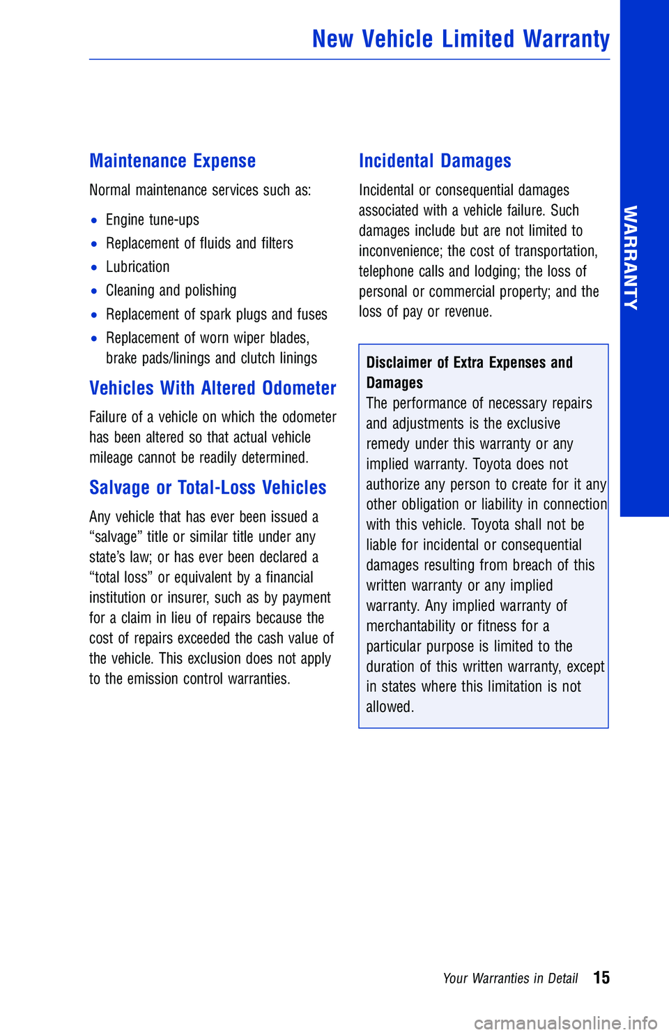 TOYOTA TUNDRA 2018 Warranties & Maintenance Guides (in English) Maintenance Expense
Normal maintenance services such as:
•Engine tune-ups
•Replacement of fluids and filters
•Lubrication
•Cleaning and polishing
•Replacement of spark plugs and fuses
•Rep TOYOTA TUNDRA 2018 Warranties & Maintenance Guides (in English) Maintenance Expense
Normal maintenance services such as:
•Engine tune-ups
•Replacement of fluids and filters
•Lubrication
•Cleaning and polishing
•Replacement of spark plugs and fuses
•Rep