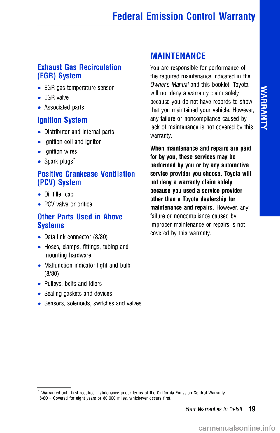TOYOTA TUNDRA 2018 Warranties & Maintenance Guides (in English) Exhaust Gas Recirculation
(EGR) System
•EGR gas temperature sensor
•EGR valve
•Associated parts
Ignition System
•Distributor and internal parts
•Ignition coil and ignitor
•Ignition wires
TOYOTA TUNDRA 2018 Warranties & Maintenance Guides (in English) Exhaust Gas Recirculation
(EGR) System
•EGR gas temperature sensor
•EGR valve
•Associated parts
Ignition System
•Distributor and internal parts
•Ignition coil and ignitor
•Ignition wires