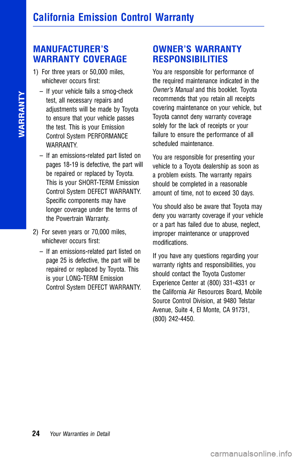 TOYOTA TUNDRA 2018 Warranties & Maintenance Guides (in English) MANUFACTURER’S
WARRANTY COVERAGE
1)For three years or 50,000 miles,
whichever occurs first:
–If your vehicle fails a smog-check
test, all necessary repairs and
adjustments will be made by Toyota
t TOYOTA TUNDRA 2018 Warranties & Maintenance Guides (in English) MANUFACTURER’S
WARRANTY COVERAGE
1)For three years or 50,000 miles,
whichever occurs first:
–If your vehicle fails a smog-check
test, all necessary repairs and
adjustments will be made by Toyota
t