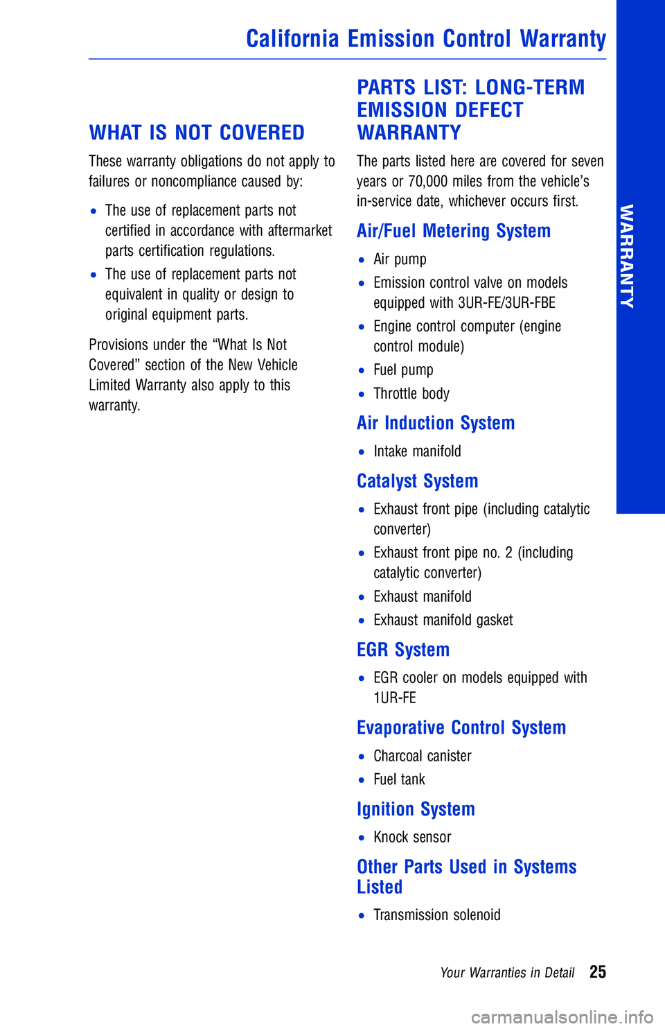 TOYOTA TUNDRA 2018 Warranties & Maintenance Guides (in English) WHAT IS NOT COVERED
These warranty obligations do not apply to
failures or noncompliance caused by:
•The use of replacement parts not
certified in accordance with aftermarket
parts certification reg TOYOTA TUNDRA 2018 Warranties & Maintenance Guides (in English) WHAT IS NOT COVERED
These warranty obligations do not apply to
failures or noncompliance caused by:
•The use of replacement parts not
certified in accordance with aftermarket
parts certification reg