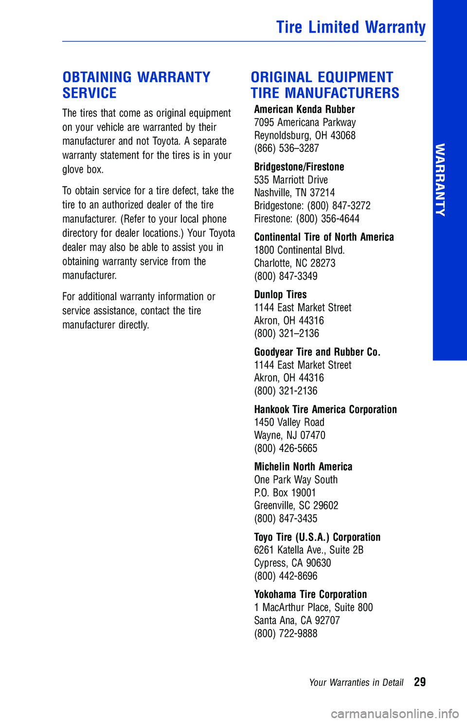 TOYOTA TUNDRA 2018 Warranties & Maintenance Guides (in English) OBTAINING WARRANTY
SERVICE
The tires that come as original equipment
on your vehicle are warranted by their
manufacturer and not Toyota. A separate
warranty statement for the tires is in your
glove bo TOYOTA TUNDRA 2018 Warranties & Maintenance Guides (in English) OBTAINING WARRANTY
SERVICE
The tires that come as original equipment
on your vehicle are warranted by their
manufacturer and not Toyota. A separate
warranty statement for the tires is in your
glove bo