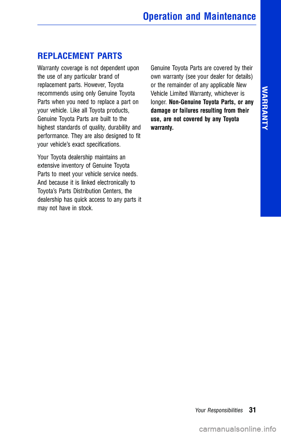 TOYOTA TUNDRA 2018 Warranties & Maintenance Guides (in English) REPLACEMENT PARTS
Warranty coverage is not dependent upon
the use of any particular brand of
replacement parts. However, Toyota
recommends using only Genuine Toyota
Parts when you need to replace a pa TOYOTA TUNDRA 2018 Warranties & Maintenance Guides (in English) REPLACEMENT PARTS
Warranty coverage is not dependent upon
the use of any particular brand of
replacement parts. However, Toyota
recommends using only Genuine Toyota
Parts when you need to replace a pa