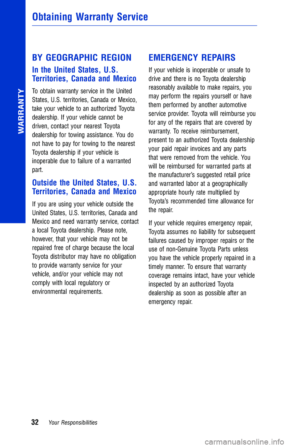 TOYOTA TUNDRA 2018 Warranties & Maintenance Guides (in English) BY GEOGRAPHIC REGION
In the United States, U.S.
Territories, Canada and Mexico
To obtain warranty service in the United
States, U.S. territories, Canada or Mexico,
take your vehicle to an authorized T TOYOTA TUNDRA 2018 Warranties & Maintenance Guides (in English) BY GEOGRAPHIC REGION
In the United States, U.S.
Territories, Canada and Mexico
To obtain warranty service in the United
States, U.S. territories, Canada or Mexico,
take your vehicle to an authorized T