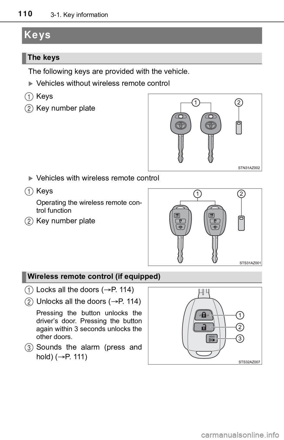 TOYOTA TUNDRA 2019 Owners Manual (in English) 1103-1. Key information
Keys
The following keys are provided with the vehicle.
Vehicles without wireless remote control
Keys
Key number plate
Vehicles with wireless remote control
Keys
Operating TOYOTA TUNDRA 2019 Owners Manual (in English) 1103-1. Key information
Keys
The following keys are provided with the vehicle.
Vehicles without wireless remote control
Keys
Key number plate
Vehicles with wireless remote control
Keys
Operating