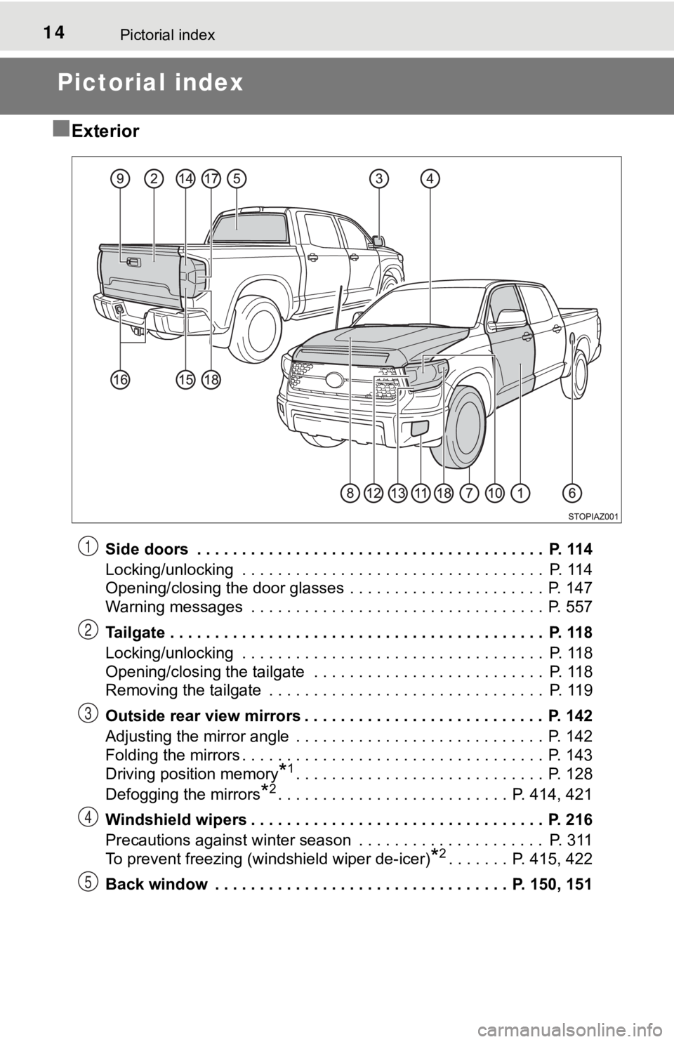 TOYOTA TUNDRA 2019 (in English) User Guide 14Pictorial index
Pictorial index
■
Exterior
Side doors . . . . . . . . . . . . . . . . . . . . . . . . . . . . . . . . . . . . . . . P. 114
Locking/unlocking . . . . . . . . . . . . . . . . . . TOYOTA TUNDRA 2019 (in English) User Guide 14Pictorial index
Pictorial index
■
Exterior
Side doors . . . . . . . . . . . . . . . . . . . . . . . . . . . . . . . . . . . . . . . P. 114
Locking/unlocking . . . . . . . . . . . . . . . . . .
