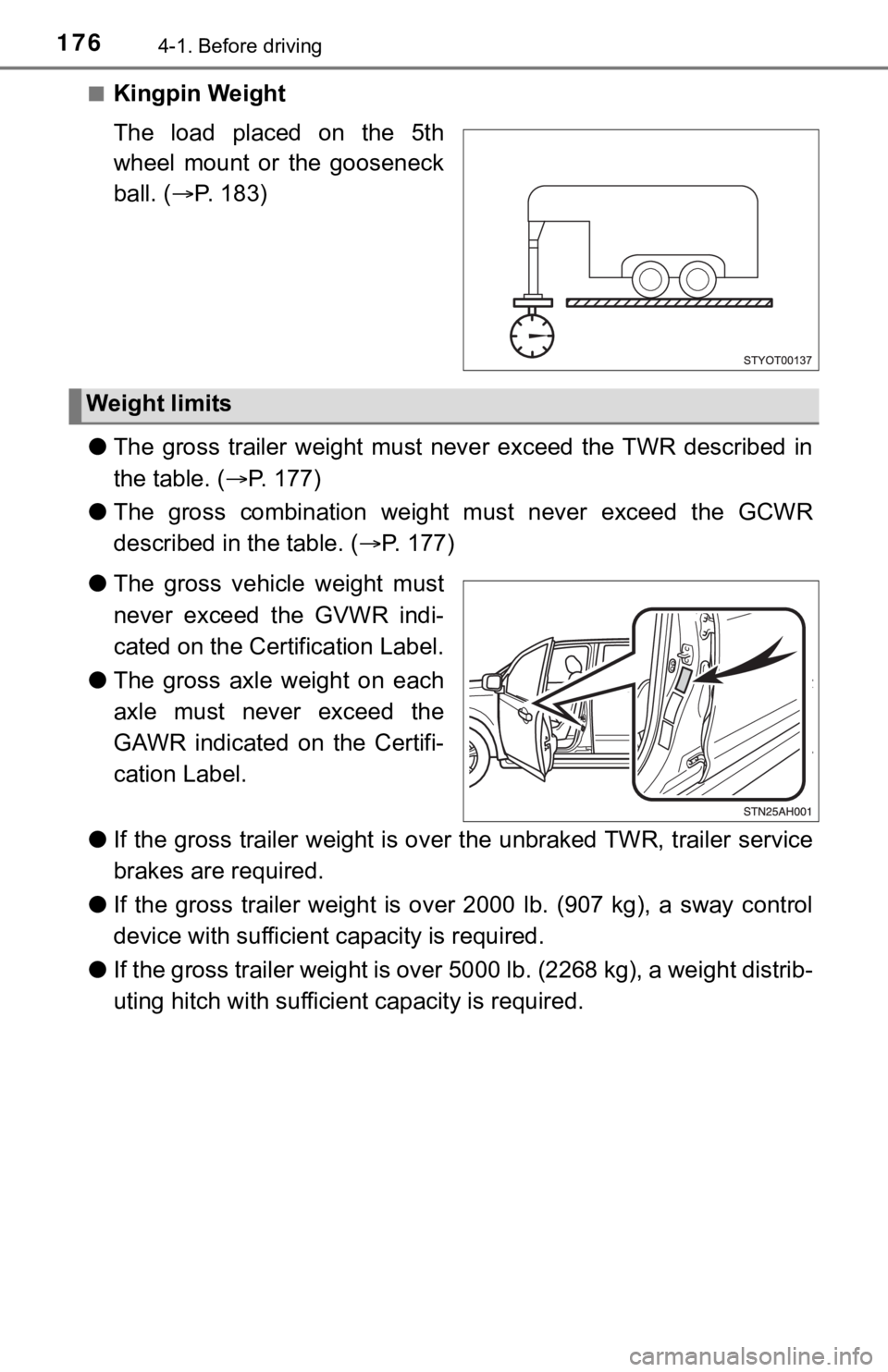 TOYOTA TUNDRA 2019  Owners Manual (in English) 1764-1. Before driving
■Kingpin Weight
The  load  placed  on  the  5th
wheel  mount  or  the  gooseneck
ball. (P.   1 8 3 )
● The  gross  trailer  weight  must  never  exceed  the TWR  describe