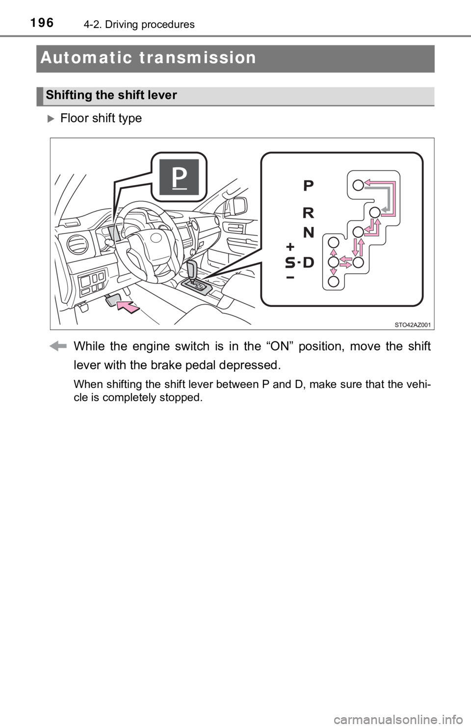 TOYOTA TUNDRA 2019  Owners Manual (in English) 1964-2. Driving procedures
Automatic transmission
Floor shift typeWhile  the  engine  switch  is  in  the  “ON”  position,  move  the  shift
lever with the brake pedal depressed.
When shifting 