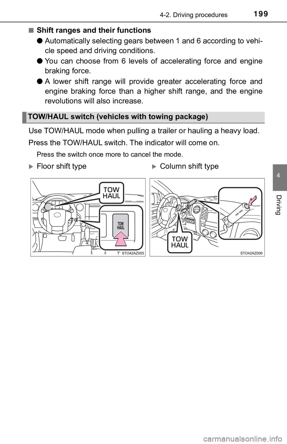 TOYOTA TUNDRA 2019  Owners Manual (in English) 1994-2. Driving procedures
4
Driving
■Shift ranges and their functions
●Automatically selecting gears between 1 and 6 according to vehi -
cle speed and dri ving conditions.
● You  can  choose  f