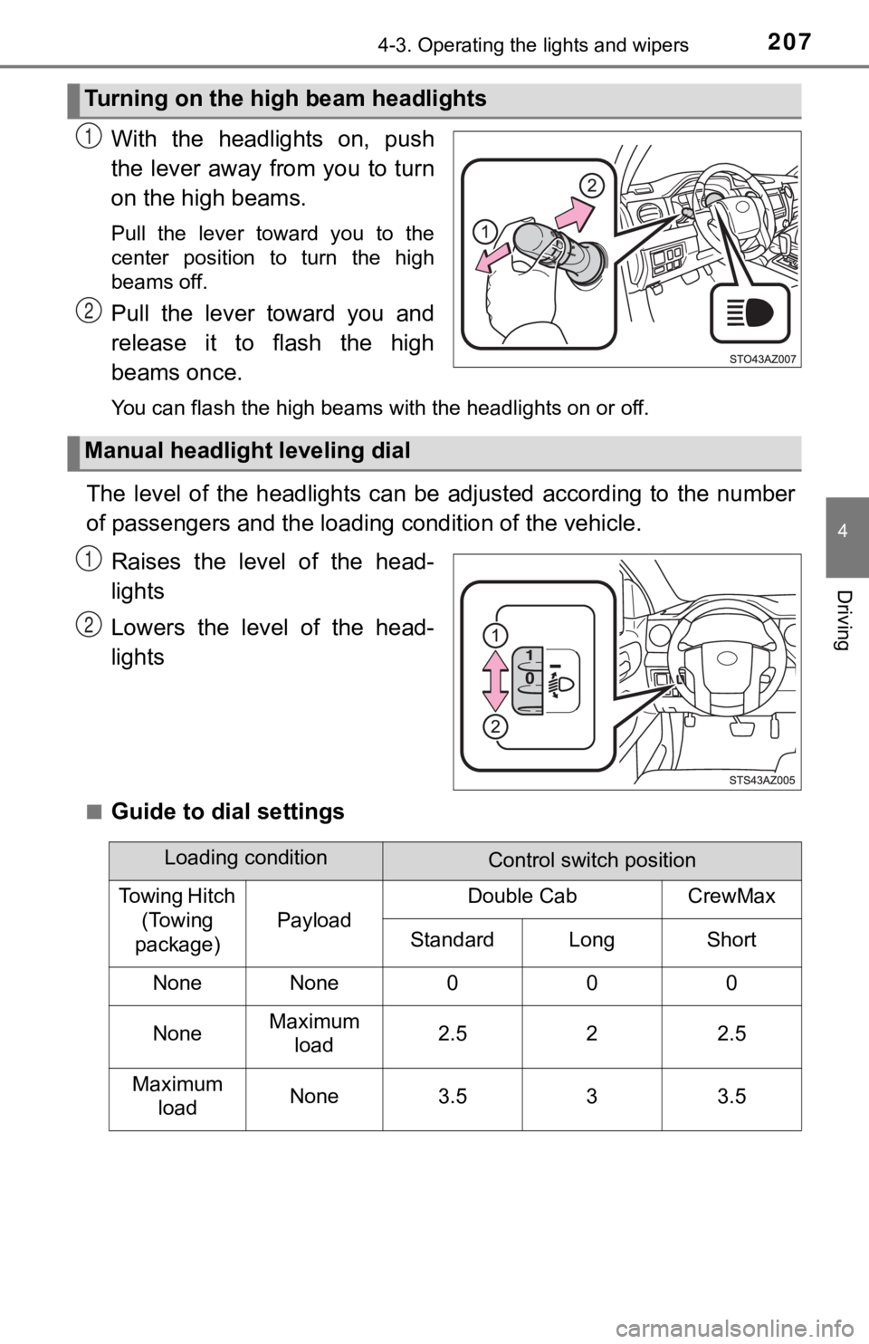 TOYOTA TUNDRA 2019 Owners Manual (in English) 2074-3. Operating the lights and wipers
4
Driving
With the headlights on, push
the lever away from you to turn
on the high beams.
Pull the lever toward you to the
center position to TOYOTA TUNDRA 2019 Owners Manual (in English) 2074-3. Operating the lights and wipers
4
Driving
With the headlights on, push
the lever away from you to turn
on the high beams.
Pull the lever toward you to the
center position to