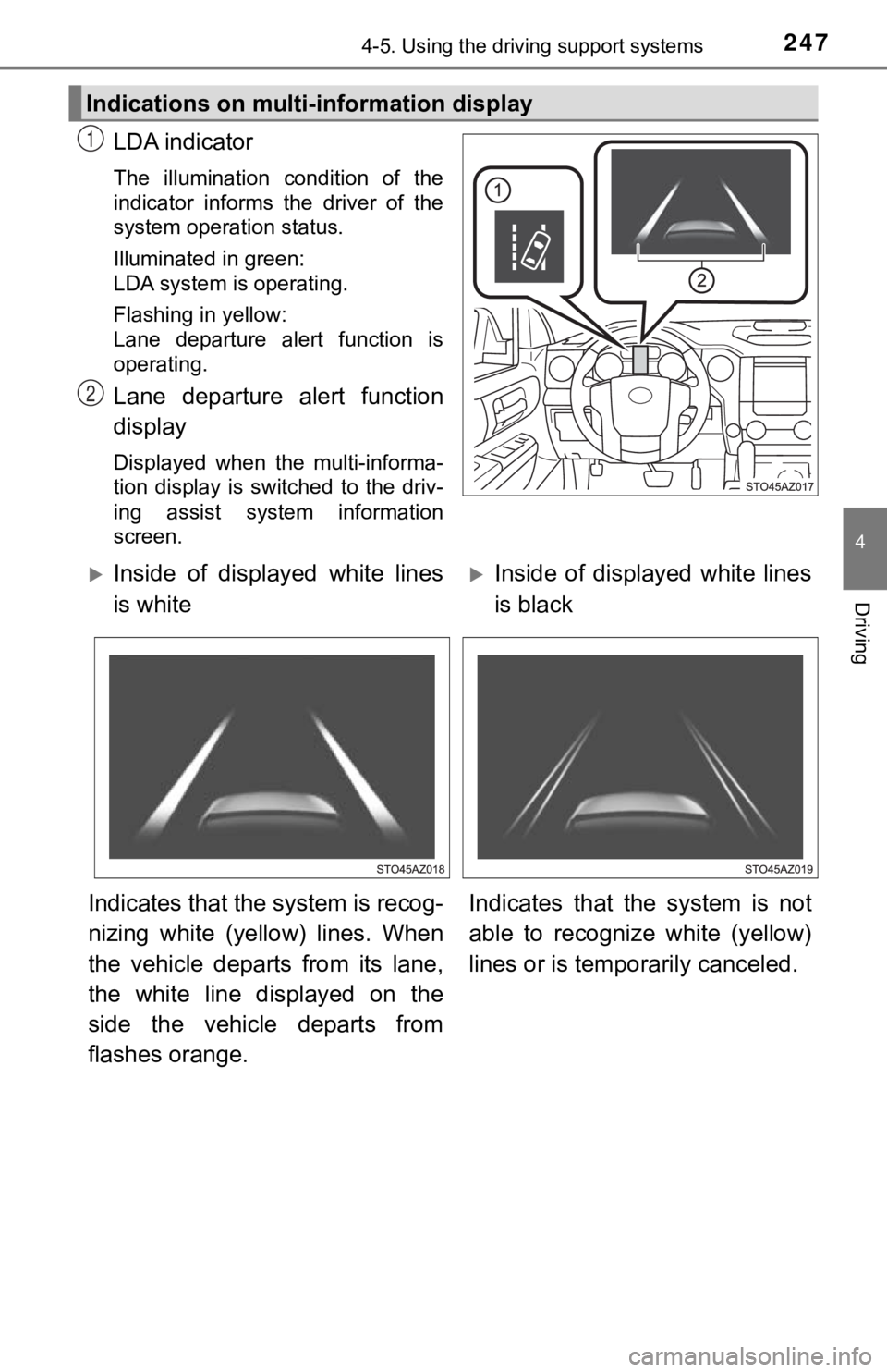 TOYOTA TUNDRA 2019  Owners Manual (in English) 2474-5. Using the driving support systems
4
Driving
LDA indicator
The  illumination  condition  of  the
indicator  informs  the  driver  of  the
system operation status.
Illuminated in green:
LDA syst