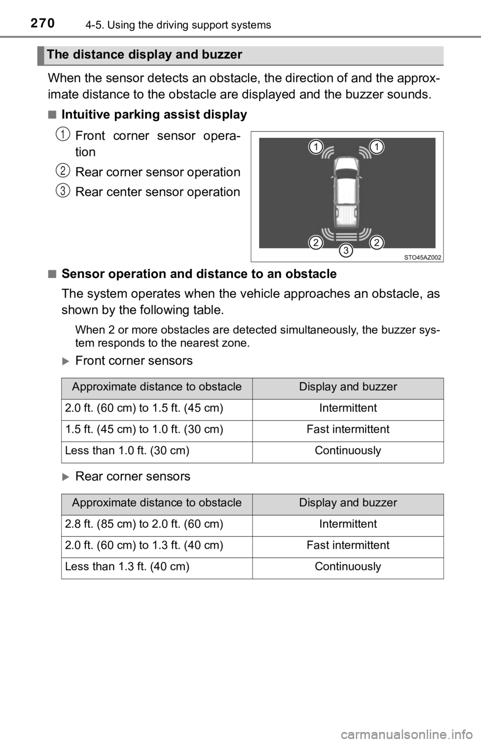 TOYOTA TUNDRA 2019 Owners Manual (in English) 2704-5. Using the driving support systems
When the sensor detects an obstacle, the direction of and the a pprox-
imate distance to the o bstacle are displayed and the buzzer sou nds.
■Intuitive park TOYOTA TUNDRA 2019 Owners Manual (in English) 2704-5. Using the driving support systems
When the sensor detects an obstacle, the direction of and the a pprox-
imate distance to the o bstacle are displayed and the buzzer sou nds.
■Intuitive park