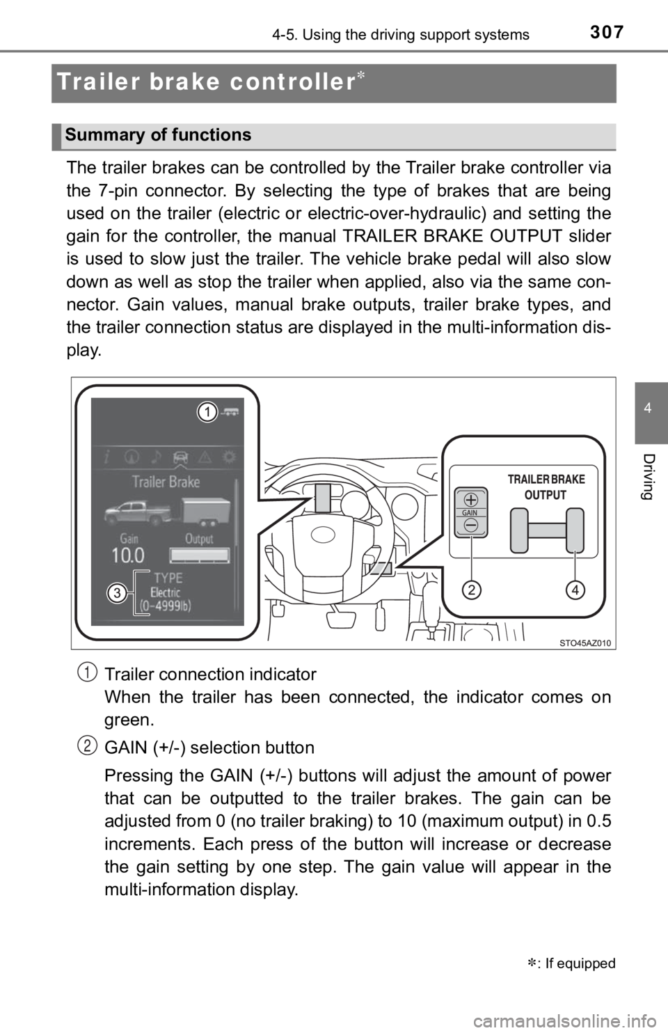 TOYOTA TUNDRA 2019  Owners Manual (in English) 3074-5. Using the driving support systems
4
Driving
Trailer brake controller
The trailer brakes can be controlled by the Trailer brake controller via
the  7-pin  connector.  By  selecting   the  ty