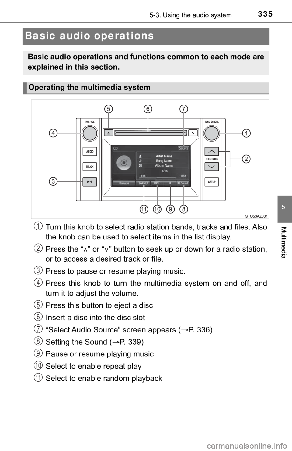 TOYOTA TUNDRA 2019  Owners Manual (in English) 3355-3. Using the audio system
5
Multimedia
Basic audio operations
Turn this knob to select radio station bands, tracks and files. A l s o
the knob can be  used to select items in the list display.
Pr
