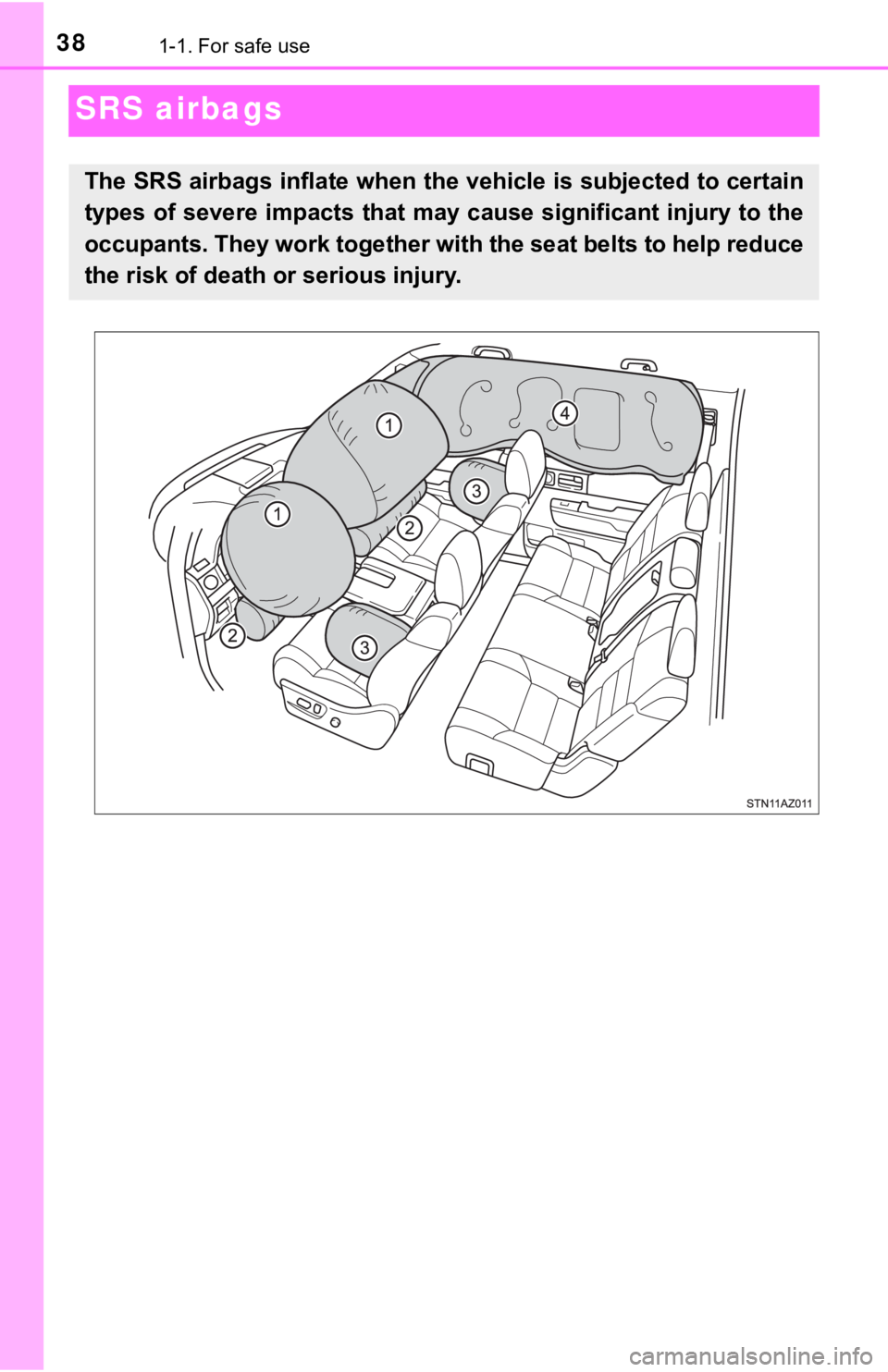 TOYOTA TUNDRA 2019 (in English) Owners Guide 381-1. For safe use
SRS airbags
The SRS airbags inflate when the vehicle is subjected to certain
types of severe impacts that may cause significant injury to th e
occupants. They work together wit h t TOYOTA TUNDRA 2019 (in English) Owners Guide 381-1. For safe use
SRS airbags
The SRS airbags inflate when the vehicle is subjected to certain
types of severe impacts that may cause significant injury to th e
occupants. They work together wit h t