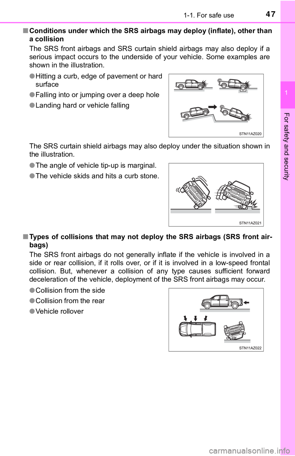 TOYOTA TUNDRA 2019 (in English) Service Manual 471-1. For safe use
1
For safety and security
■Conditions under which the SRS ai rbags may deploy (inflate), other than
a collision
The SRS front airbags and SRS curtain shield airbags may TOYOTA TUNDRA 2019 (in English) Service Manual 471-1. For safe use
1
For safety and security
■Conditions under which the SRS ai rbags may deploy (inflate), other than
a collision
The SRS front airbags and SRS curtain shield airbags may