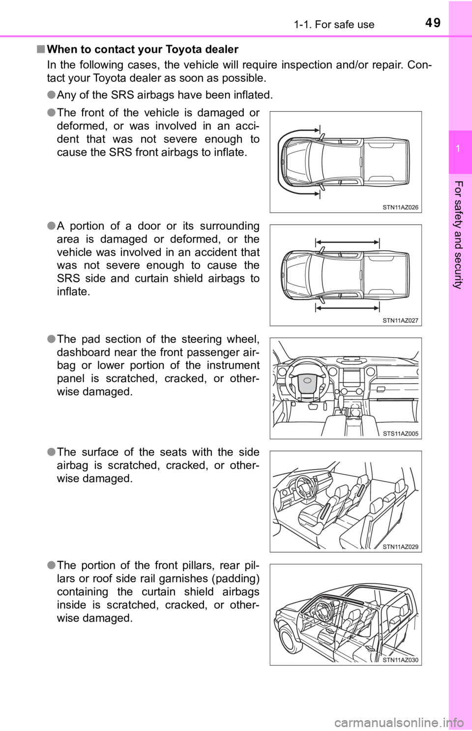 TOYOTA TUNDRA 2019 (in English) Service Manual 491-1. For safe use
1
For safety and security
■When to contact your Toyota dealer
In the following cases, the vehicle will require inspection and /or repair. Con-
tact your Toyota dealer TOYOTA TUNDRA 2019 (in English) Service Manual 491-1. For safe use
1
For safety and security
■When to contact your Toyota dealer
In the following cases, the vehicle will require inspection and /or repair. Con-
tact your Toyota dealer