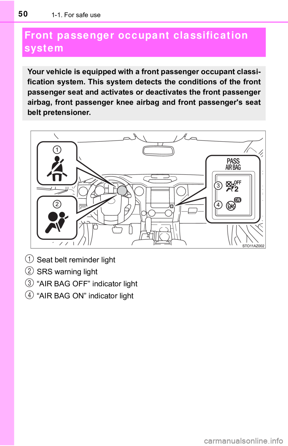 TOYOTA TUNDRA 2019 (in English) Service Manual 501-1. For safe use
Front passenger occupant classification
system
Your vehicle is equipped with a front passenger occupant classi -
fication system. This system det ects the conditions of th TOYOTA TUNDRA 2019 (in English) Service Manual 501-1. For safe use
Front passenger occupant classification
system
Your vehicle is equipped with a front passenger occupant classi -
fication system. This system det ects the conditions of th