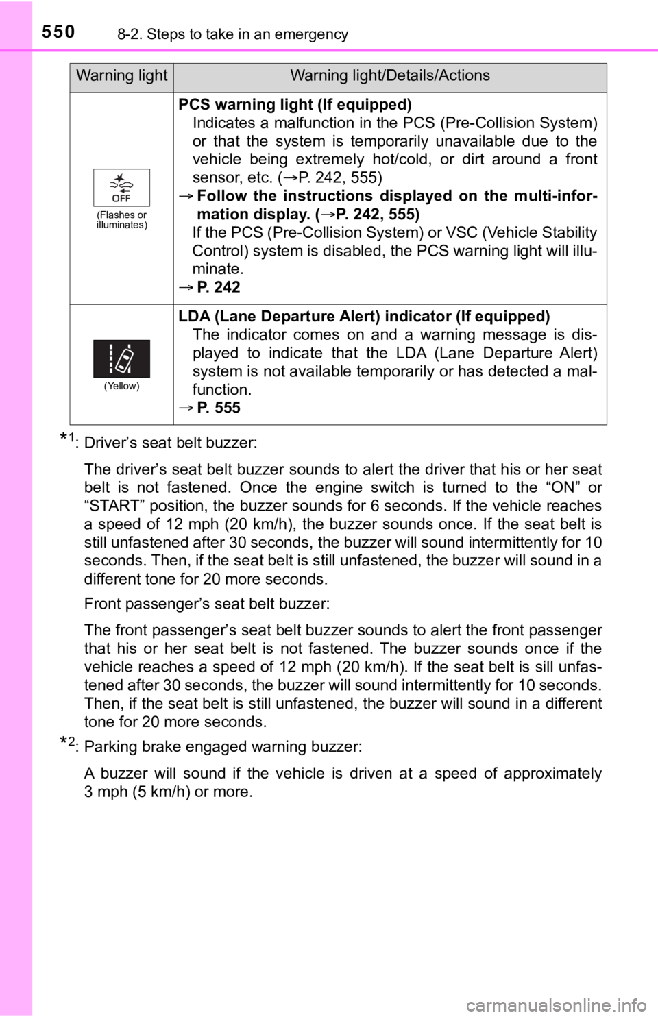 TOYOTA TUNDRA 2019 Owners Manual (in English) 5508-2. Steps to take in an emergency
*1: Driver’s seat belt buzzer:The driver’s seat belt buzzer sounds to alert the driver that h is or her seat
belt is not fastened. Once the engine swit TOYOTA TUNDRA 2019 Owners Manual (in English) 5508-2. Steps to take in an emergency
*1: Driver’s seat belt buzzer:The driver’s seat belt buzzer sounds to alert the driver that h is or her seat
belt is not fastened. Once the engine swit
