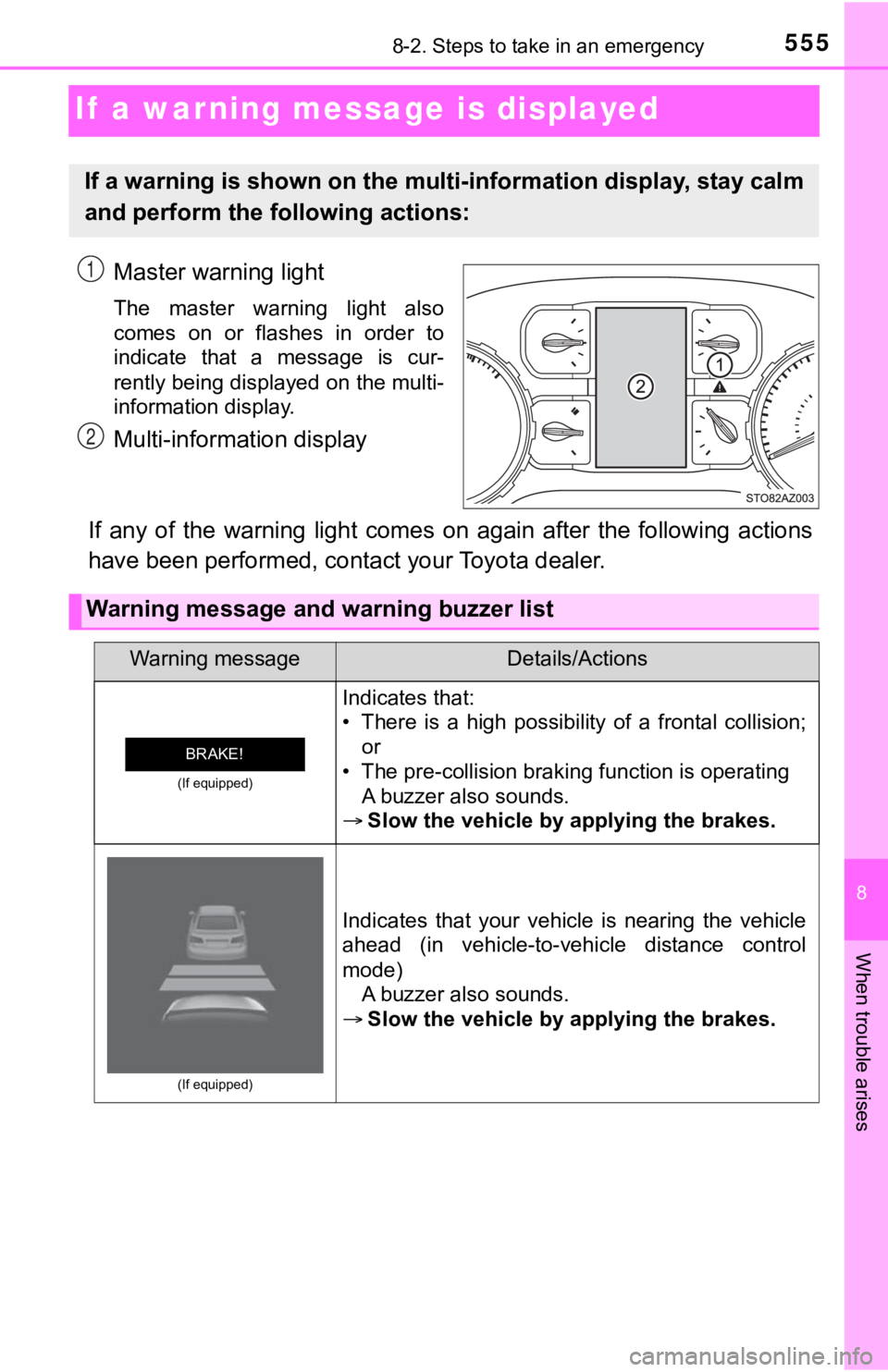 TOYOTA TUNDRA 2019 Owners Manual (in English) 555
8
When trouble arises
8-2. Steps to take in an emergency
If a warning message is displayed
Master warning light
The master warning light also
comes on or flashes in order to
indicate t TOYOTA TUNDRA 2019 Owners Manual (in English) 555
8
When trouble arises
8-2. Steps to take in an emergency
If a warning message is displayed
Master warning light
The master warning light also
comes on or flashes in order to
indicate t