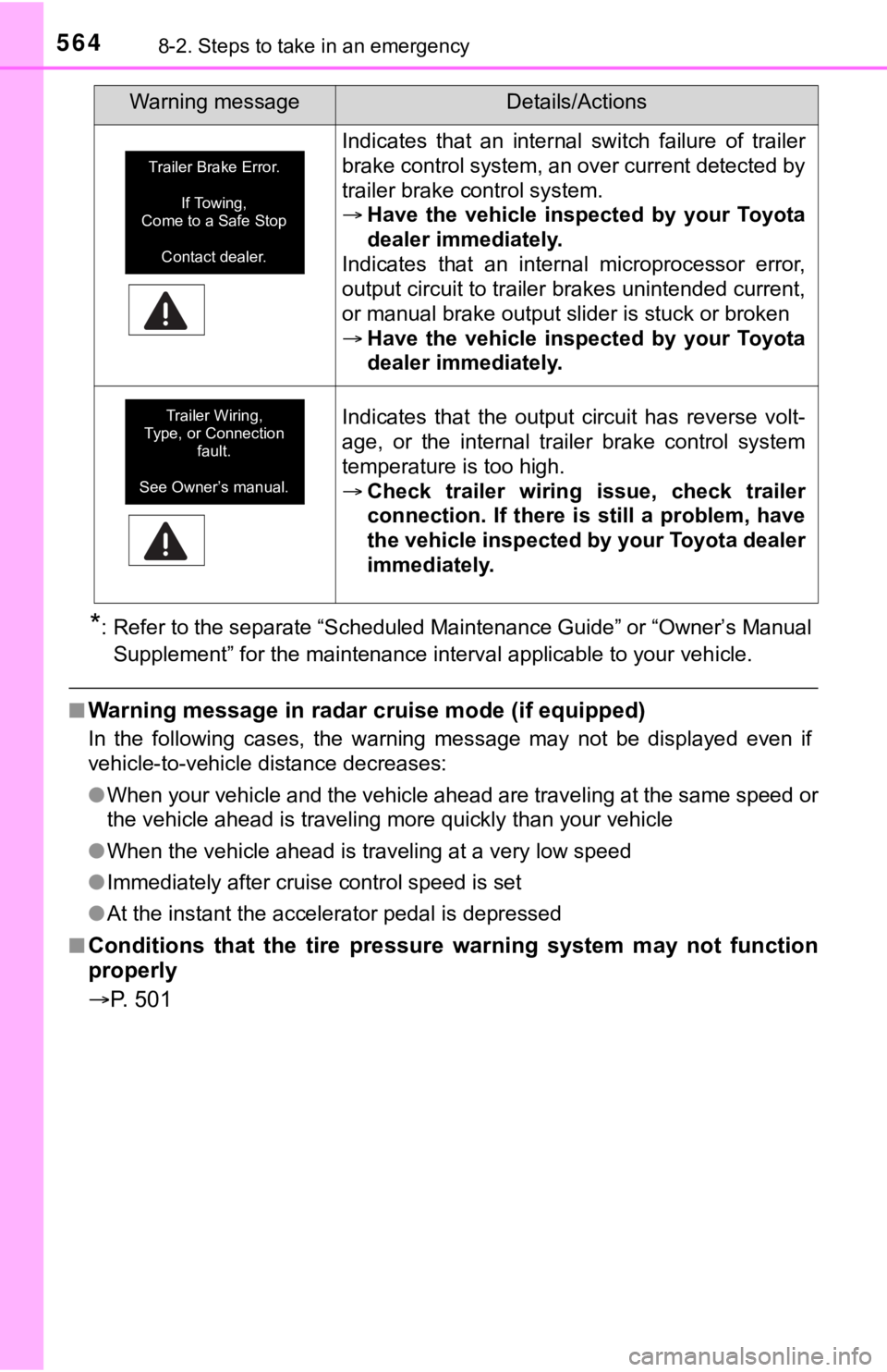 TOYOTA TUNDRA 2019  Owners Manual (in English) 5648-2. Steps to take in an emergency
*: Refer to the separate “Scheduled Maintenance Guide” or “Owner’s Manual
Supplement” for the maintenance interval applicable to your veh icle.
■Warni