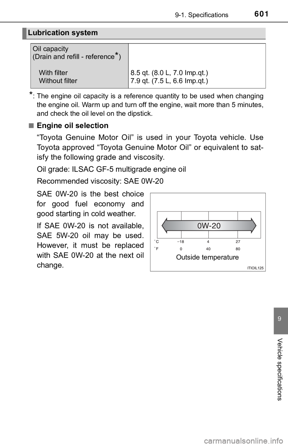 TOYOTA TUNDRA 2019  Owners Manual (in English) 6019-1. Specifications
9
Vehicle specifications
*: The engine oil  capacity is a reference  quantity to be  used when changing
the engine oil. Warm up and turn off the engine, wait more than 5 minutes