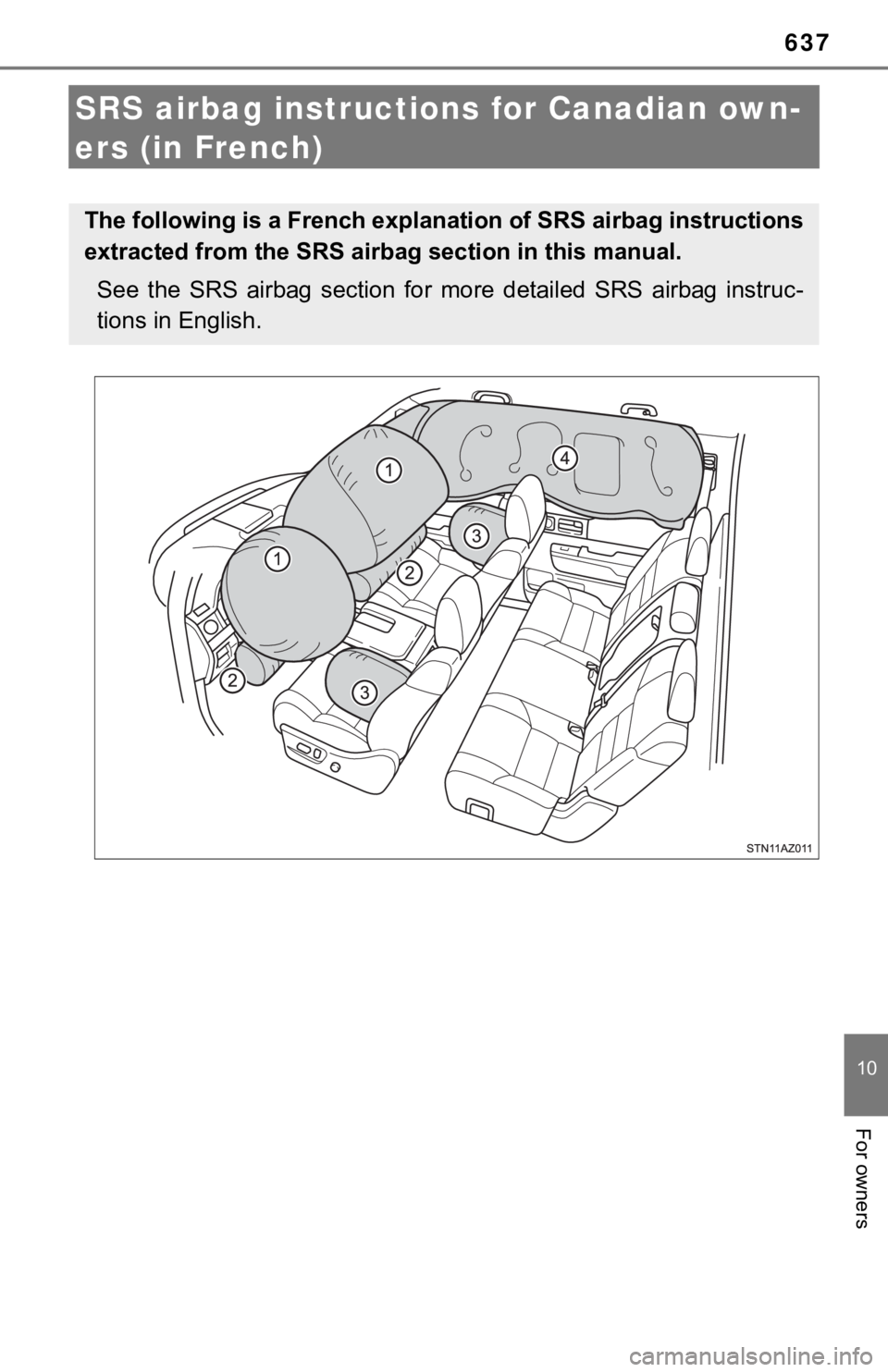 TOYOTA TUNDRA 2019  Owners Manual (in English) 637
10
For owners
SRS airbag instructions for Canadian own-
ers (in French)
The following is a French explanation of SRS airbag instructions
extracted from the SRS air bag section in this manual.
See 