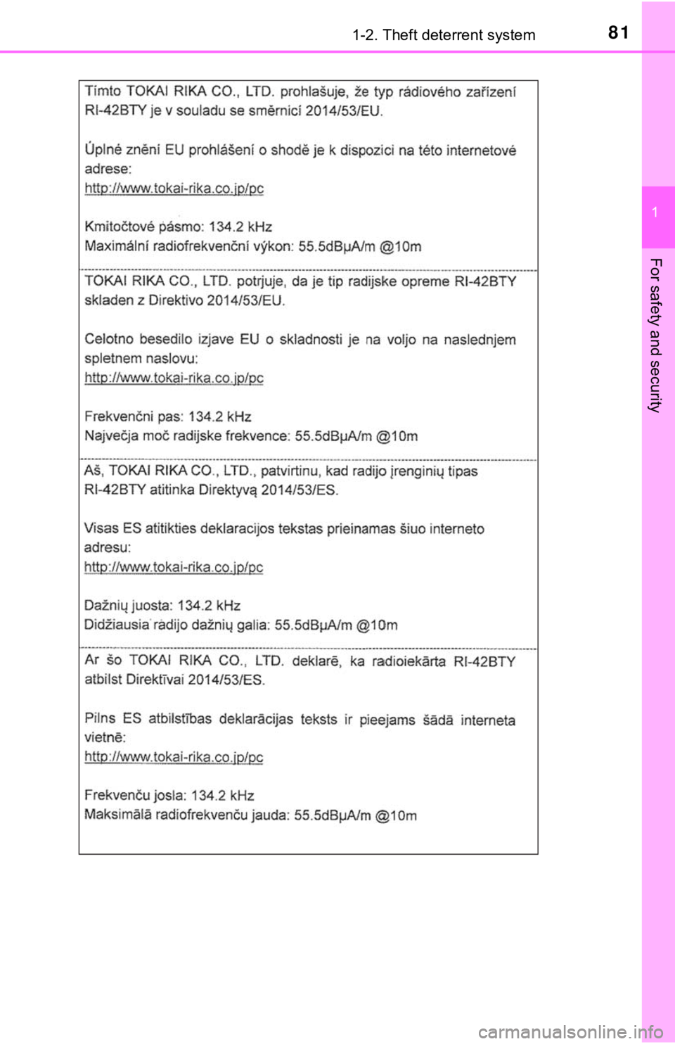 TOYOTA TUNDRA 2019   (in English) Manual Online 811-2. Theft deterrent system
1
For safety and security 