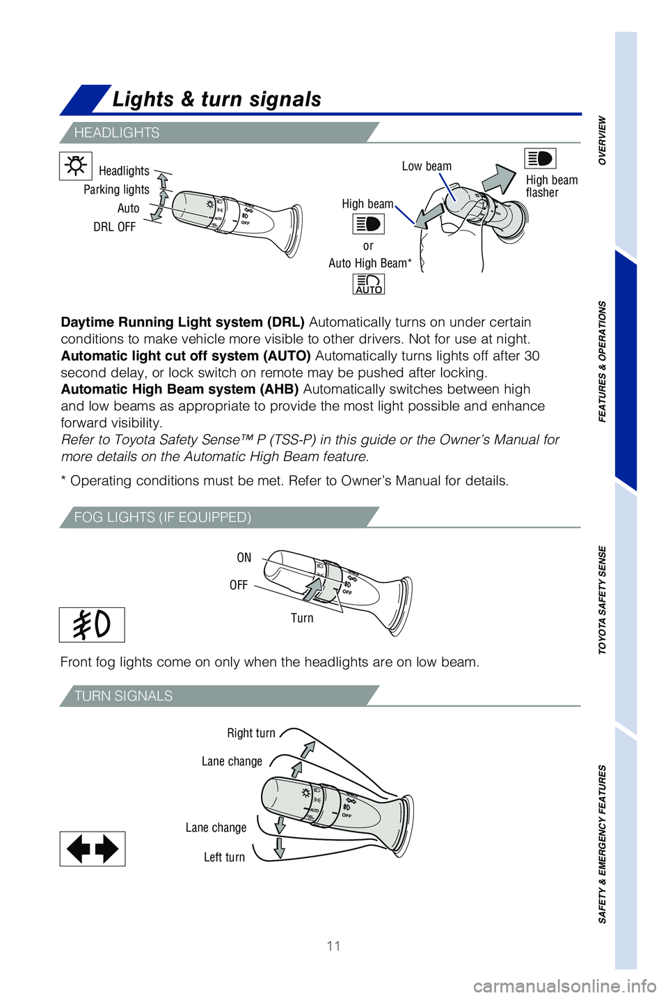 TOYOTA TUNDRA 2019 (in English) User Guide 11
Lights & turn signals
HEADLIGHTS
FOG LIGHTS (IF EQUIPPED)
TURN SIGNALS
Daytime Running Light system (DRL) Automatically turns on under certain
conditions to make vehicle more visible to other driv TOYOTA TUNDRA 2019 (in English) User Guide 11
Lights & turn signals
HEADLIGHTS
FOG LIGHTS (IF EQUIPPED)
TURN SIGNALS
Daytime Running Light system (DRL) Automatically turns on under certain
conditions to make vehicle more visible to other driv