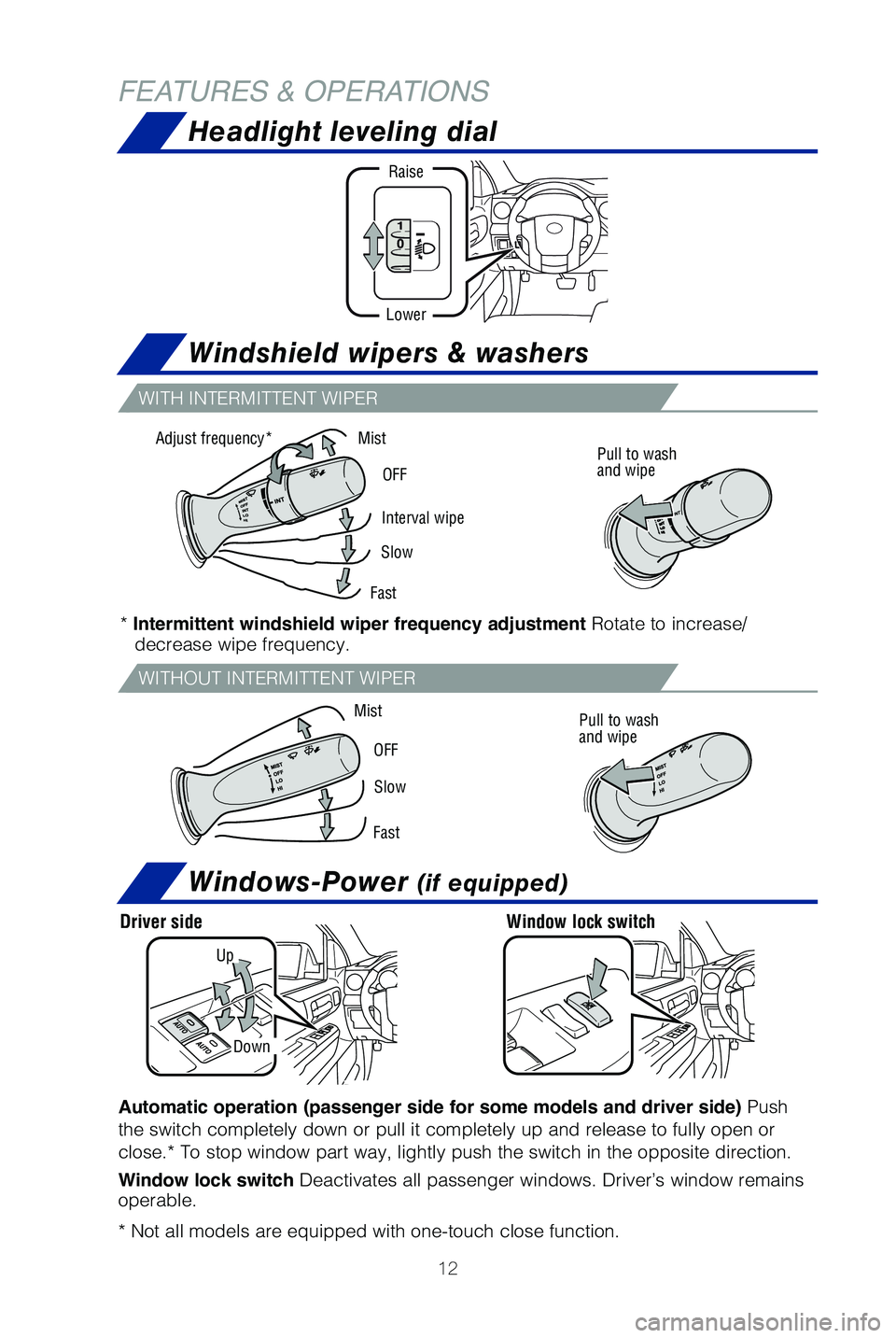 TOYOTA TUNDRA 2019 (in English) User Guide 12
FEATURES & OPERATIONS
WITH INTERMITTENT WIPER
WITHOUT INTERMITTENT WIPER
Interval wipe
Mist
Slow
OFF
Fast
Pull to wash
and wipe
2
Mist
Slow
Fast
Pull to wash
and wipe
Adjust frequency*
*
Intermi TOYOTA TUNDRA 2019 (in English) User Guide 12
FEATURES & OPERATIONS
WITH INTERMITTENT WIPER
WITHOUT INTERMITTENT WIPER
Interval wipe
Mist
Slow
OFF
Fast
Pull to wash
and wipe
2
Mist
Slow
Fast
Pull to wash
and wipe
Adjust frequency*
*
Intermi