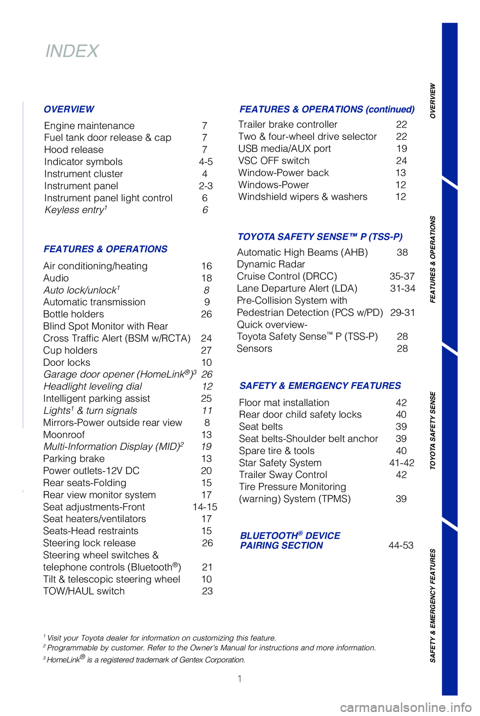 TOYOTA TUNDRA 2019 Owners Manual (in English) 1
OVERVIEW
FEATURES & OPERATIONS
TOYOTA SAFETY SENSE
SAFETY & EMERGENCY FEATURES
INDEX
Engine maintenance 7
Fuel tank door release & cap 7
Hood release 7
Indicator symbols 4-5
Instrument cluster TOYOTA TUNDRA 2019 Owners Manual (in English) 1
OVERVIEW
FEATURES & OPERATIONS
TOYOTA SAFETY SENSE
SAFETY & EMERGENCY FEATURES
INDEX
Engine maintenance 7
Fuel tank door release & cap 7
Hood release 7
Indicator symbols 4-5
Instrument cluster