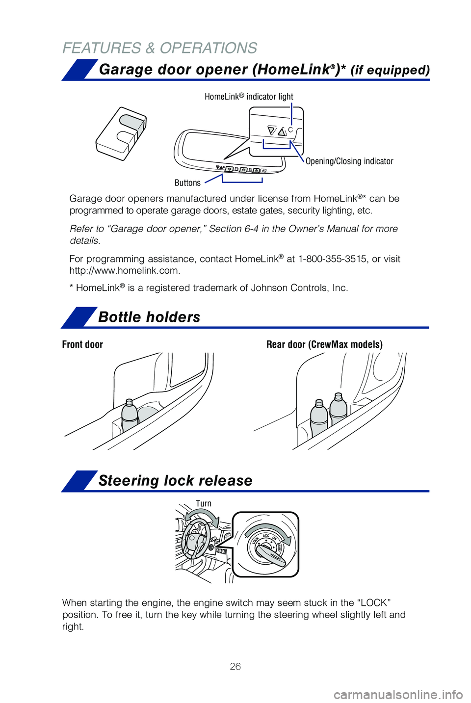 TOYOTA TUNDRA 2019   (in English) Owners Manual 26
Bottle holders
FEATURES & OPERATIONS
Rear door (CrewMax models)Front door
Garage door opener (HomeLink®)* (if equipped)
Garage door openers manufactured under license from HomeLink®* can be 
prog