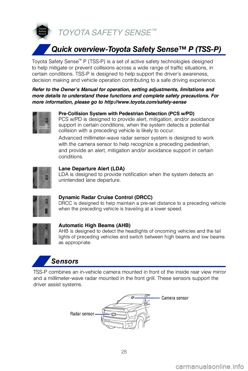 TOYOTA TUNDRA 2019   (in English) Owners Manual 28
Quick overview-Toyota Safety Sense™ P (TSS-P)
Sensors
TSS-P combines an in-vehicle camera mounted in front of the inside rear \
view mirror 
and a millimeter-wave radar mounted in the front grill