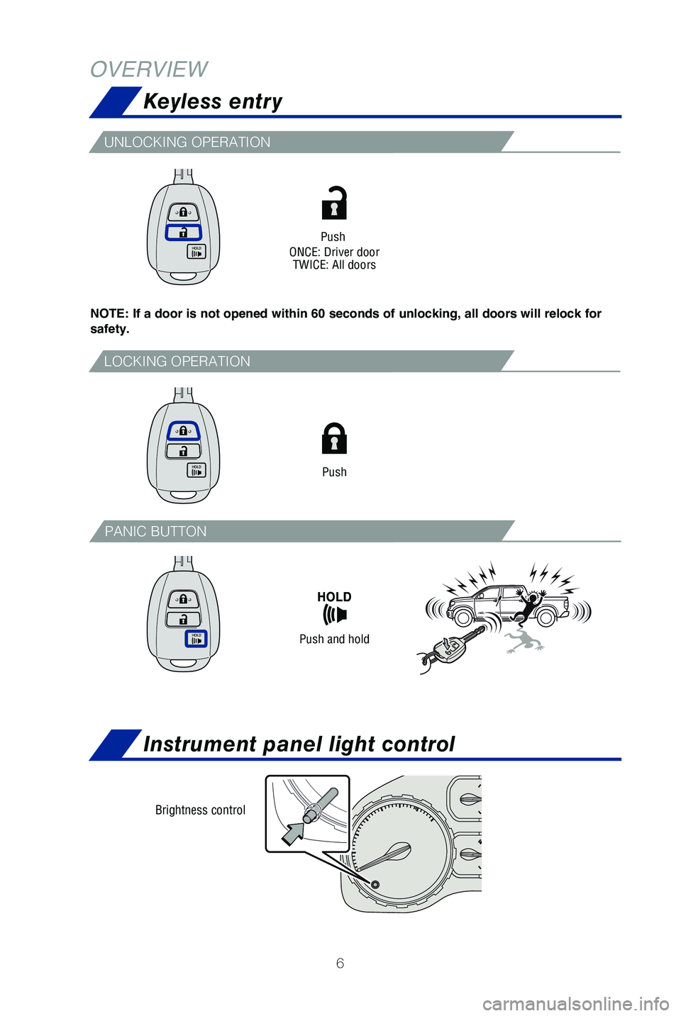 TOYOTA TUNDRA 2019 Owners Manual (in English) 6
Keyless entry
OVERVIEW
Brightness control
Push
ONCE: Driver door TWICE: All doors
UNLOCKING OPERATION
NOTE: If a door is not opened within 60 seconds of unlocking, all doors will relock for
safety. TOYOTA TUNDRA 2019 Owners Manual (in English) 6
Keyless entry
OVERVIEW
Brightness control
Push
ONCE: Driver door TWICE: All doors
UNLOCKING OPERATION
NOTE: If a door is not opened within 60 seconds of unlocking, all doors will relock for
safety.