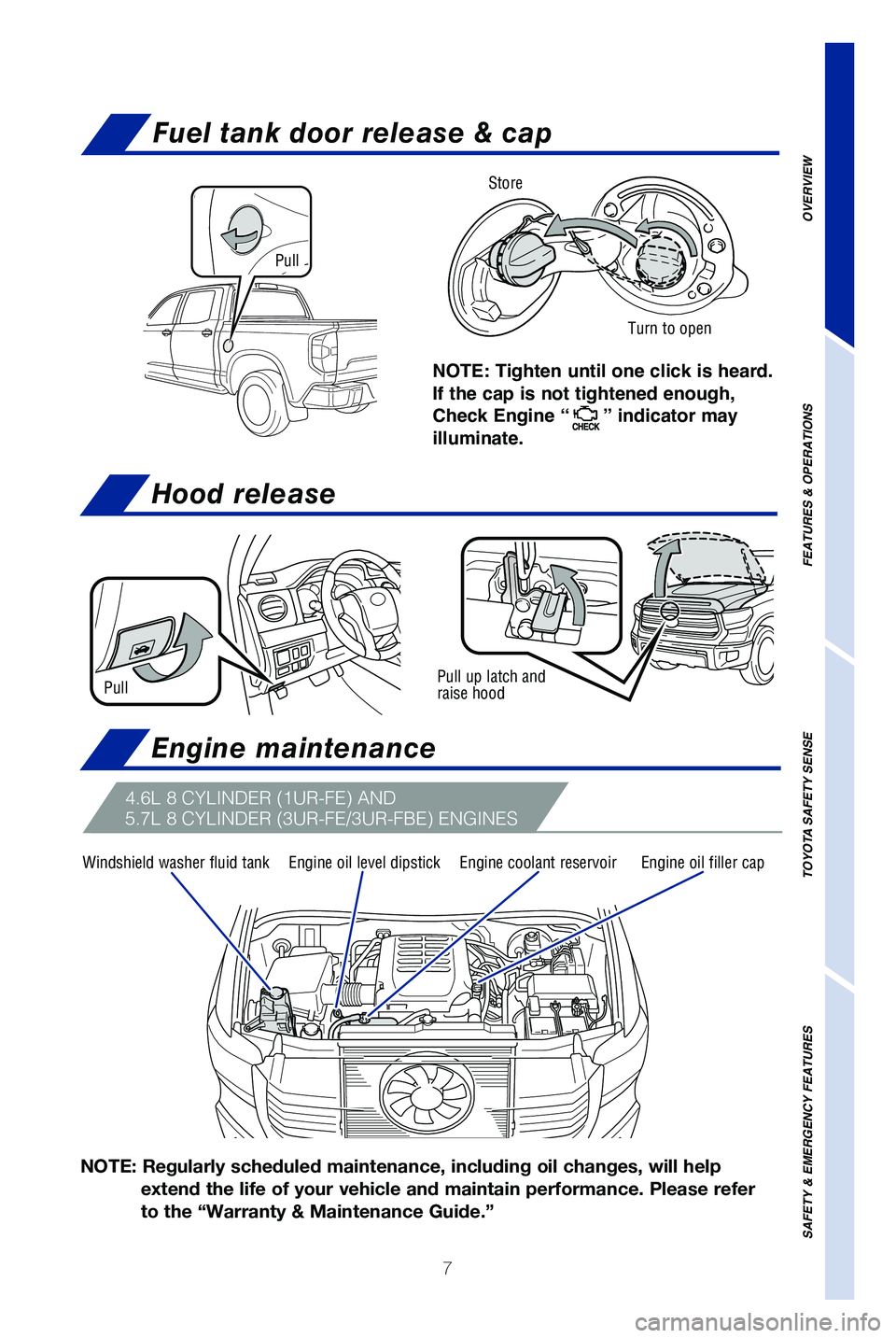 TOYOTA TUNDRA 2019 Owners Manual (in English) 7
Hood release
Fuel tank door release & cap
NOTE: Tighten until one click is heard.
If the cap is not tightened enough,
Check Engine “
” indicator may
illuminate.
Pull
Turn to open
Store
Pull u TOYOTA TUNDRA 2019 Owners Manual (in English) 7
Hood release
Fuel tank door release & cap
NOTE: Tighten until one click is heard.
If the cap is not tightened enough,
Check Engine “
” indicator may
illuminate.
Pull
Turn to open
Store
Pull u