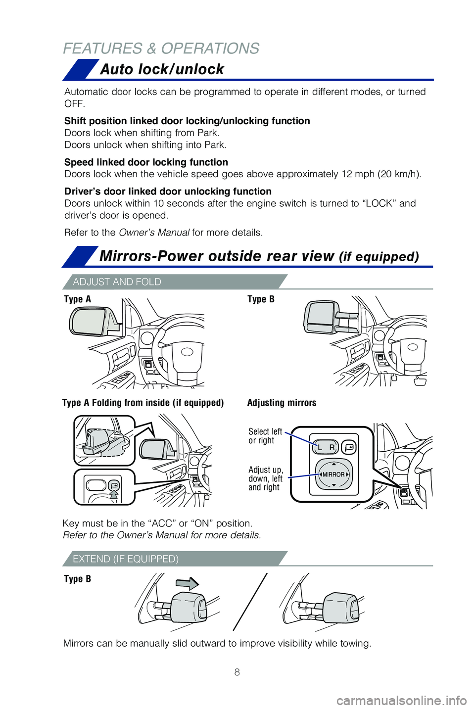 TOYOTA TUNDRA 2019  Owners Manual (in English) 8
FEATURES & OPERATIONSMirrors-Power outside rear view 
(if equipped)
Mirrors can be manually slid outward to improve visibility while towing.\
Adjust up, 
down, left 
and right Select left 
or right