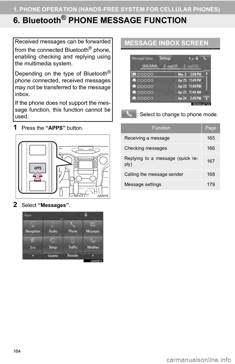TOYOTA TUNDRA 2019 Accessories, Audio & Navigation (in English) 164
1. PHONE OPERATION (HANDS-FREE SYSTEM FOR CELLULAR PHONES)
6. Bluetooth® PHONE MESSAGE FUNCTION
1Press the “APPS” button.
2Select “Messages” .
MESSAGE INBOX SCREEN
: Select to change to p TOYOTA TUNDRA 2019 Accessories, Audio & Navigation (in English) 164
1. PHONE OPERATION (HANDS-FREE SYSTEM FOR CELLULAR PHONES)
6. Bluetooth® PHONE MESSAGE FUNCTION
1Press the “APPS” button.
2Select “Messages” .
MESSAGE INBOX SCREEN
: Select to change to p