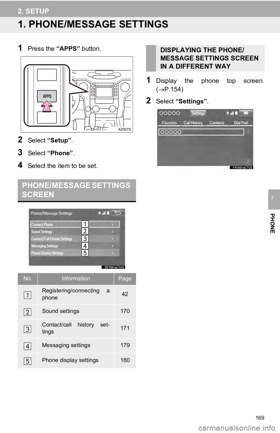 TOYOTA TUNDRA 2019 Accessories, Audio & Navigation (in English) 169
PHONE
7
2. SETUP
1. PHONE/MESSAGE SETTINGS
1Press the “APPS” button.
2Select “Setup” .
3Select “Phone” .
4Select the item to be set.
PHONE/MESSAGE SETTINGS
SCREEN
1Display the phon TOYOTA TUNDRA 2019 Accessories, Audio & Navigation (in English) 169
PHONE
7
2. SETUP
1. PHONE/MESSAGE SETTINGS
1Press the “APPS” button.
2Select “Setup” .
3Select “Phone” .
4Select the item to be set.
PHONE/MESSAGE SETTINGS
SCREEN
1Display the phon