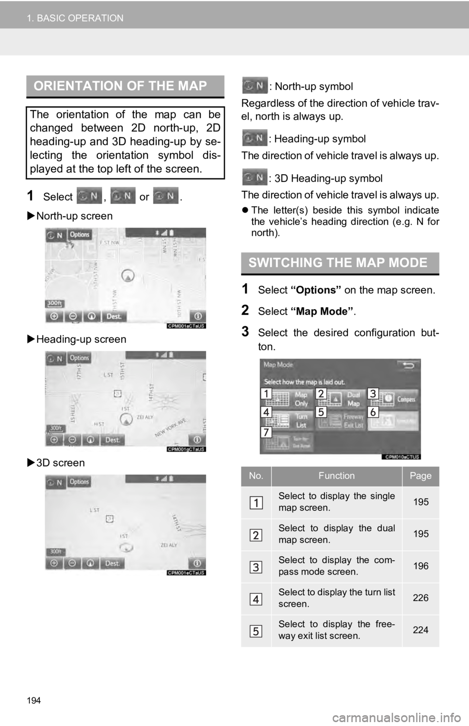 TOYOTA TUNDRA 2019 Accessories, Audio & Navigation (in English) ORIENTATION OF THE MAP
194
1. BASIC OPERATION
1Select , or .
North-up screen
Heading-up screen
3D screen
: North-up symbol
Regardless of the direction of vehicle trav-
el, north is always u TOYOTA TUNDRA 2019 Accessories, Audio & Navigation (in English) ORIENTATION OF THE MAP
194
1. BASIC OPERATION
1Select , or .
North-up screen
Heading-up screen
3D screen
: North-up symbol
Regardless of the direction of vehicle trav-
el, north is always u