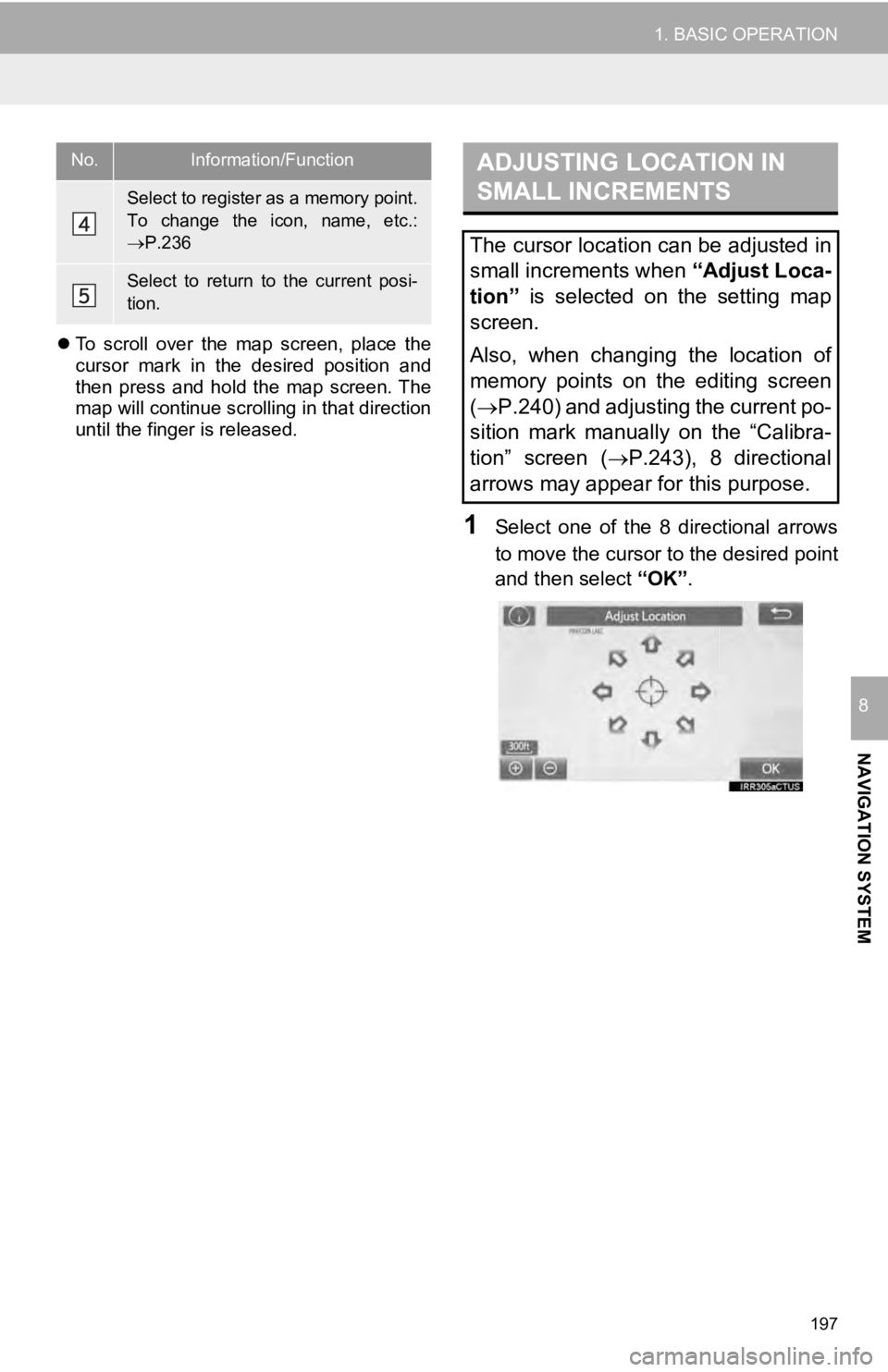 TOYOTA TUNDRA 2019 Accessories, Audio & Navigation (in English) 197
1. BASIC OPERATION
NAVIGATION SYSTEM
8
To scroll over the map screen, place the
cursor mark in the desired position and
then press and hold the map screen. The
map will TOYOTA TUNDRA 2019 Accessories, Audio & Navigation (in English) 197
1. BASIC OPERATION
NAVIGATION SYSTEM
8
To scroll over the map screen, place the
cursor mark in the desired position and
then press and hold the map screen. The
map will