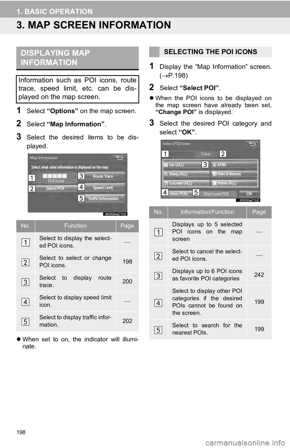 TOYOTA TUNDRA 2019 Accessories, Audio & Navigation (in English) 198
1. BASIC OPERATION
3. MAP SCREEN INFORMATION
DISPLAYING MAP
INFORMATION
1Select “Options” on the map screen.
2Select “Map Information” .
3Select the desired items to be dis -
played TOYOTA TUNDRA 2019 Accessories, Audio & Navigation (in English) 198
1. BASIC OPERATION
3. MAP SCREEN INFORMATION
DISPLAYING MAP
INFORMATION
1Select “Options” on the map screen.
2Select “Map Information” .
3Select the desired items to be dis -
played