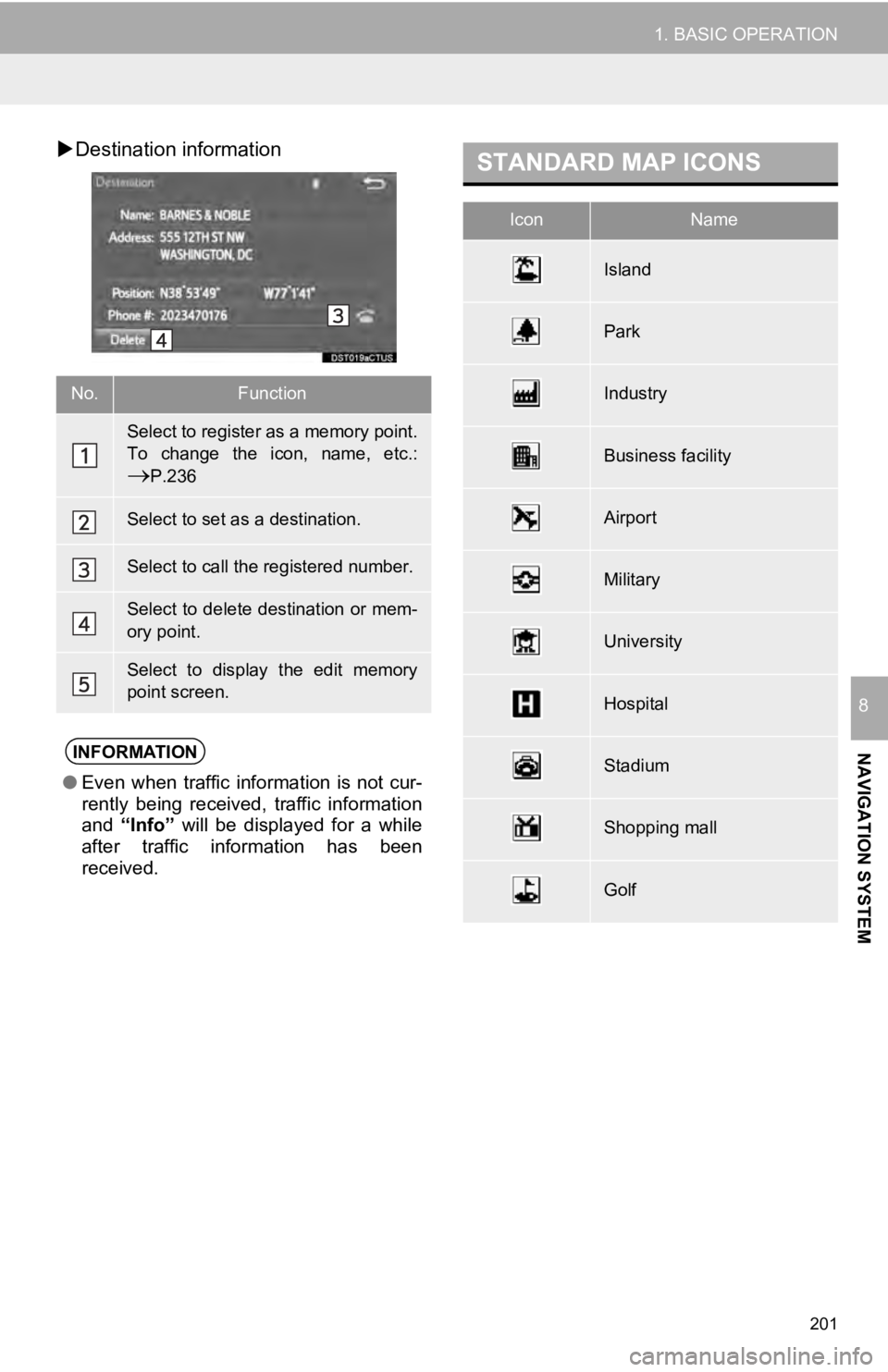 TOYOTA TUNDRA 2019 Accessories, Audio & Navigation (in English) 201
1. BASIC OPERATION
NAVIGATION SYSTEM
8
Destination informationSTANDARD MAP ICONS
No.Function
Select to register as a memory point.
To change the icon, name, etc.:
P.236
Select to se TOYOTA TUNDRA 2019 Accessories, Audio & Navigation (in English) 201
1. BASIC OPERATION
NAVIGATION SYSTEM
8
Destination informationSTANDARD MAP ICONS
No.Function
Select to register as a memory point.
To change the icon, name, etc.:
P.236
Select to se