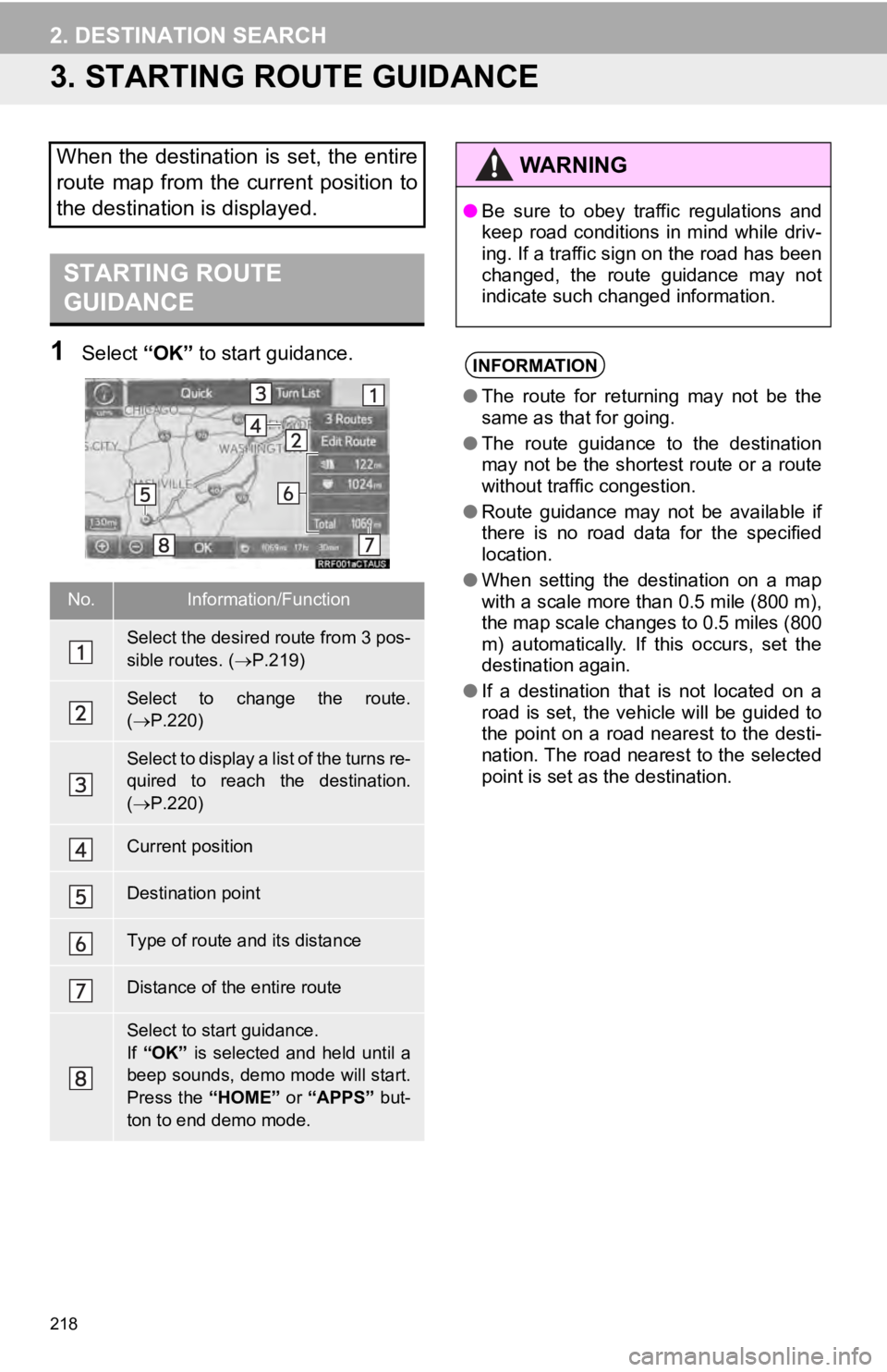 TOYOTA TUNDRA 2019  Accessories, Audio & Navigation (in English) 218
2. DESTINATION SEARCH
3. STARTING ROUTE GUIDANCE
STARTING ROUTE 
GUIDANCE
1Select “OK” to start guidance.
When the destination is set, the entire  
route  map  from  the  current  position  to