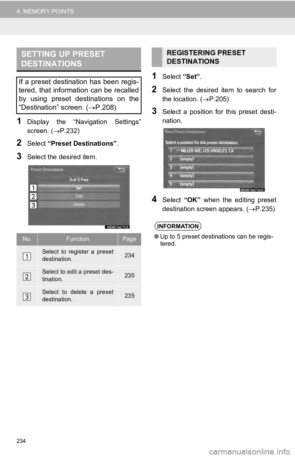 TOYOTA TUNDRA 2019 Accessories, Audio & Navigation (in English) SETTING UP PRESET
DESTINATIONS
234
4. MEMORY POINTS
1Display the “Navigation Settings”
screen. ( P.232)
2Select “Preset Destinations” .
3Select the desired item.
1Select “Set”.
2Se TOYOTA TUNDRA 2019 Accessories, Audio & Navigation (in English) SETTING UP PRESET
DESTINATIONS
234
4. MEMORY POINTS
1Display the “Navigation Settings”
screen. ( P.232)
2Select “Preset Destinations” .
3Select the desired item.
1Select “Set”.
2Se