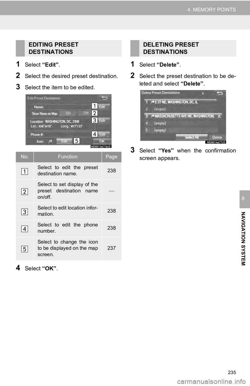TOYOTA TUNDRA 2019 Accessories, Audio & Navigation (in English) 235
4. MEMORY POINTS
NAVIGATION SYSTEM
8
1Select “Edit”.
2Select the desired preset destination.
3Select the item to be edited.
4Select “OK”.
1Select “Delete” .
2Select the preset destin TOYOTA TUNDRA 2019 Accessories, Audio & Navigation (in English) 235
4. MEMORY POINTS
NAVIGATION SYSTEM
8
1Select “Edit”.
2Select the desired preset destination.
3Select the item to be edited.
4Select “OK”.
1Select “Delete” .
2Select the preset destin